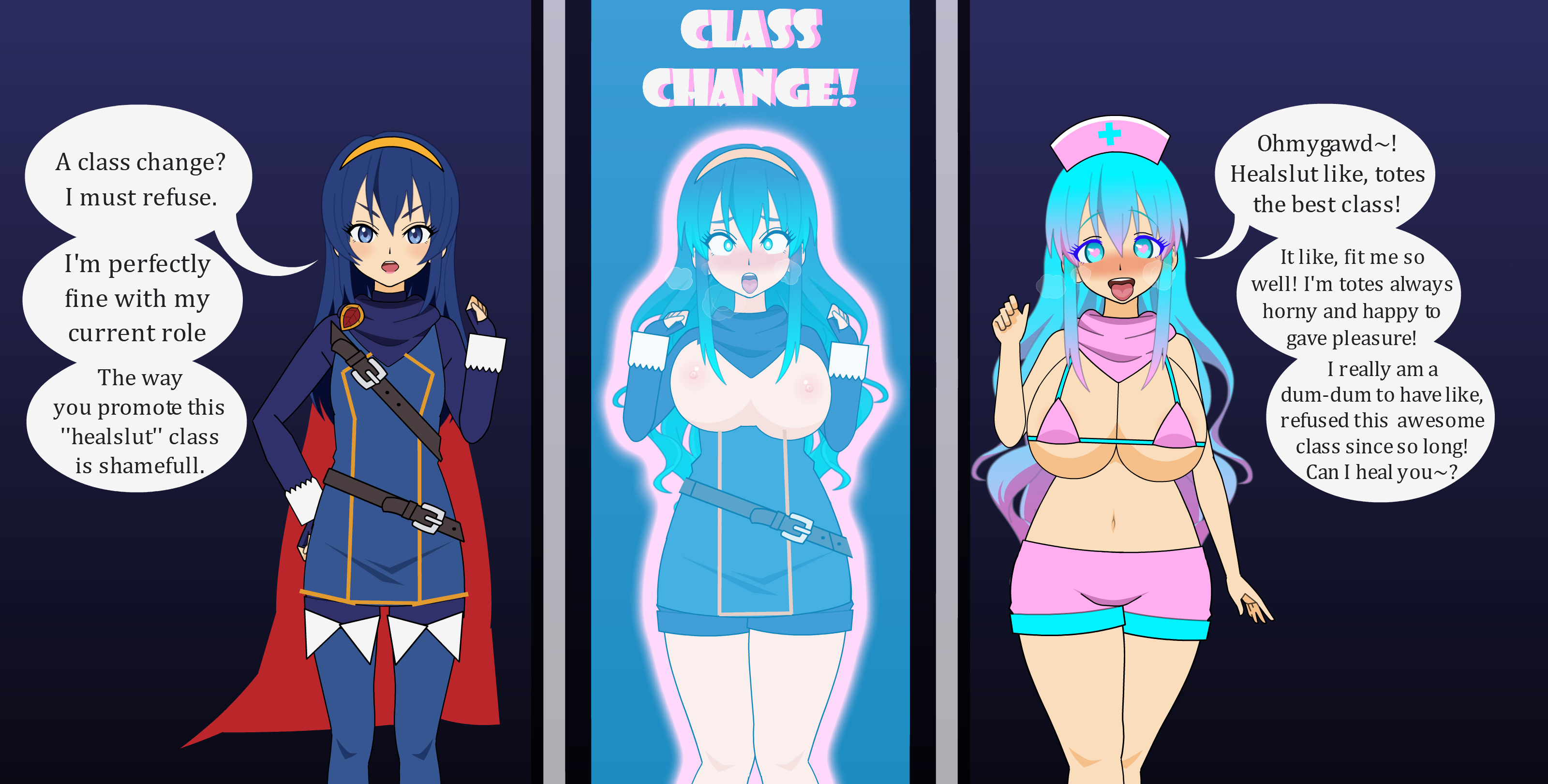 1girls, ahegao, ahegao face, ass, ass expansion, bad grammar, belly, big ass, bimbo, bimbo body, bimbofication, bimbofied, blue hair, brain drain, brainwashed, brainwashing, breast expansion, breast growth, breast growth (enlargement), breasts, butt expansion, color, corruption, degradation, ditzy, dumb, english, english text, female, female only, fire emblem, forced transformation, healslut, horny, horny female, huge breasts, hypnosis, identity death, intelligence drain, kisekae, kisekae 2, lucina (fire emblem), mental transformation, mind control, nipples, nurse, nurse cap, nurse clothing, nurse hat, nurse uniform, personality change, shiny hair, simple background, text, text bubble, tfgame, thick, thick ass, thick legs, thick thighs, tongue, tongue out, transformation, transformation sequence
