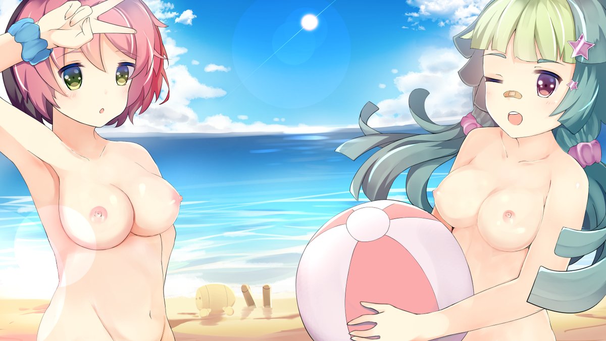 2girls beach black_hair breasts green_eyes green_hair highres mocha_(osu!) multiple_girls nude ocean open_mouth osu! pink_hair pippi_(osu!) short_hair sylux