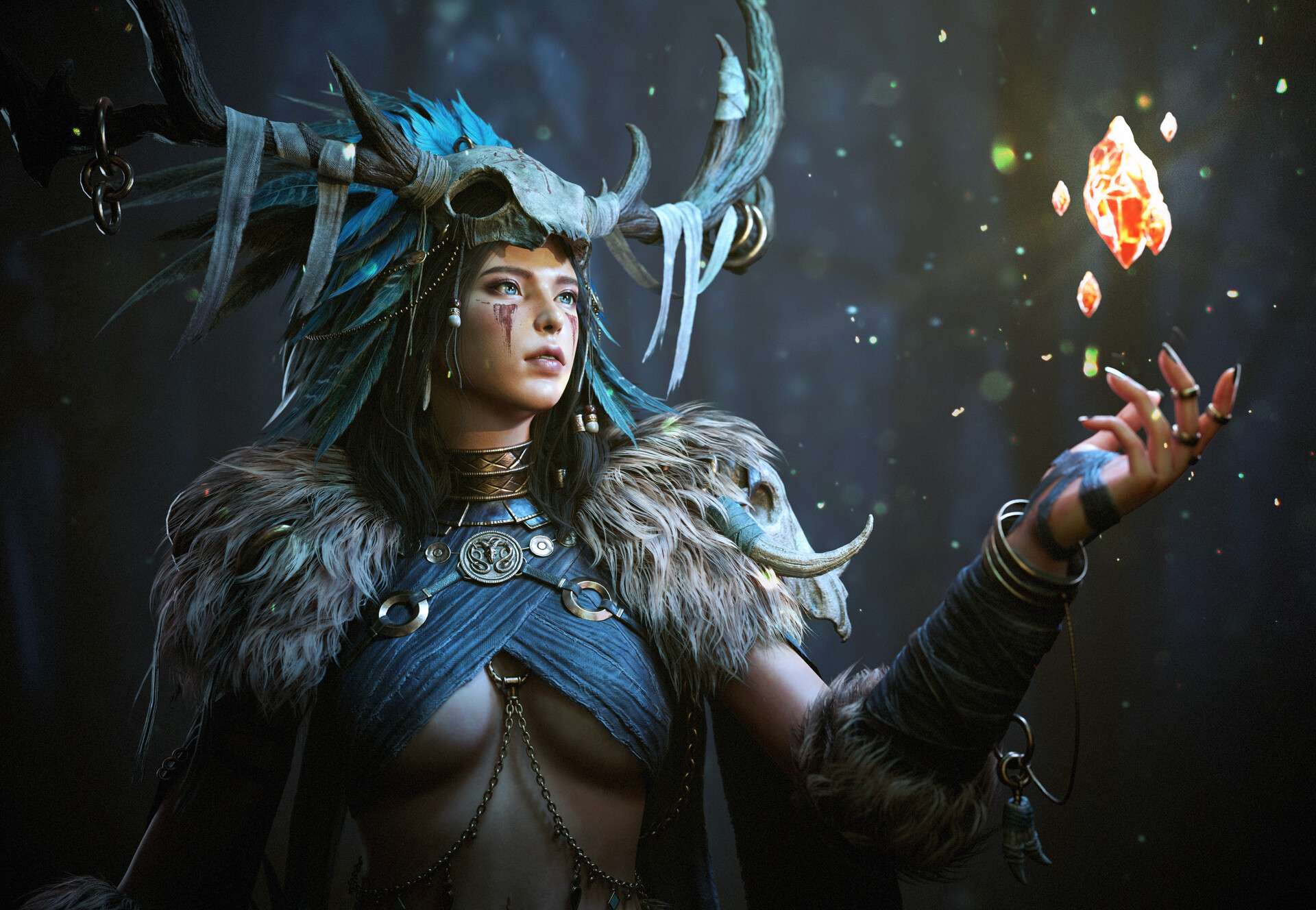 1girls, 3d, 3d model, 3d render, antlers, blender, blender (software), breasts, cgi, cleavage, clothed, erotic, face markings, facial markings, feathers, female, female human, harok lee, high quality, high resolution, highres, horns, human shaman, jewelry, pagan, paganism, primal, seer, sexy, sexy body, shaman, shamaness, shamanic, tattoo, tattoos, tribal, tribal clothing, tribal female, tribal jewelry, tribal markings, tribal outfit, tribal paint, tribal spellcaster, tribal tattoo, tribal tattoos, under boob, underboob, yeongzy