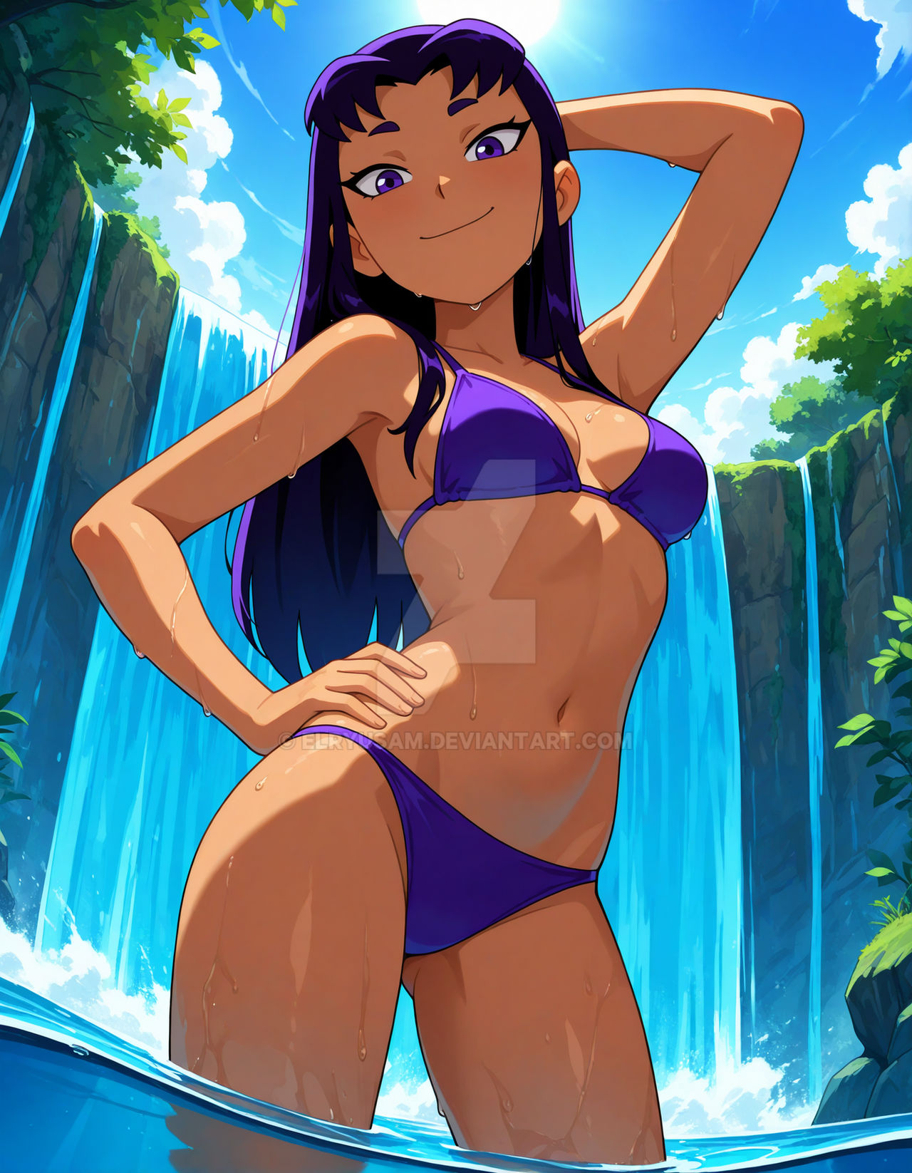 2025, ai generated, belly, blackfire, cartoon network, dc, dc comics, dcau, deviantart, elryusam, evil grin, evil smile, female, forest, grinning at partner, hand on head, hand on hip, looking at viewer, meta, mouth closed, not porn, orange body, orange cheeks, orange skin, purple bikini, purple eyebrows, purple eyes, purple-haired female, smile at viewer, smiling at viewer, teen titans, tummy, waterfall, wet bikini, wet body, wet skin