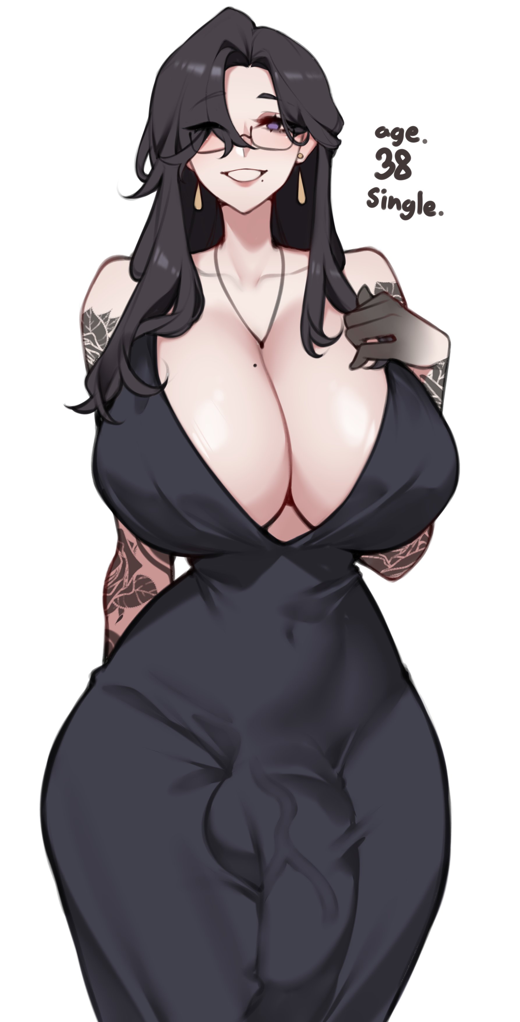 1futa, belly button, belly button visible through clothing, big breasts, big penis, breasts, bulge, bulge through clothing, bulge under dress, child bearing hips, cleavage, clothed, dress, fat cock, female, fully clothed, futa milf, futa only, futanari, glasses, hips, hourglass figure, huge breasts, huge cock, intersex, large breasts, large penis, light skin, light-skinned female, light-skinned futa, massive breasts, mature, mature futa, milf, milf futa, mole, mole on breast, oc, original character, penis, penis bulge, penis under clothes, smile, smiling, solo, solo futa, tattoo, tattooed arm, tattoos, thick hips, thick penis, thin waist, unbeller, veiny penis, wide hips