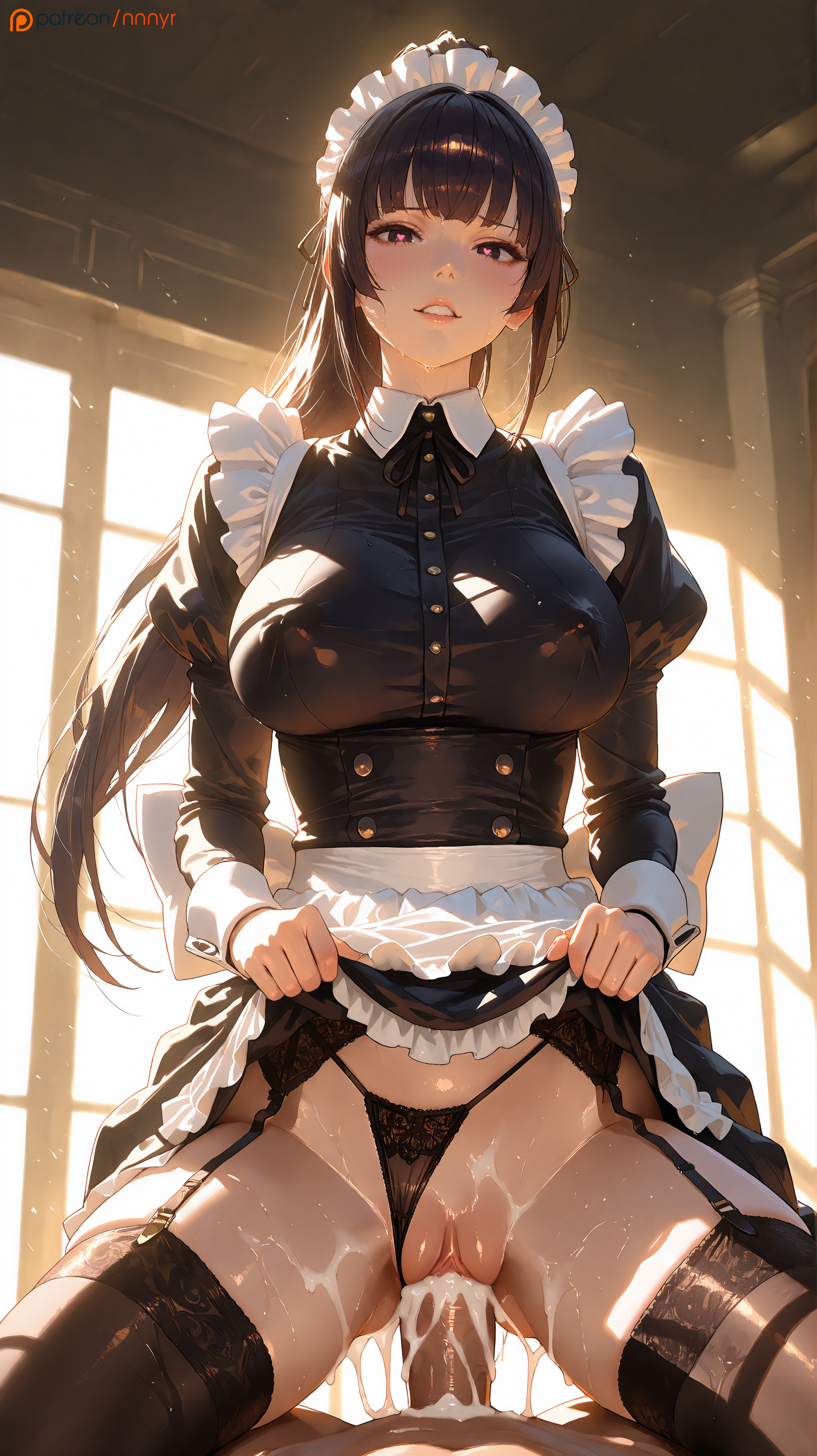 1boy, 1girls, ai assisted, ai generated, big breasts, black eyes, black hair, blush, breasts, cowgirl position, cum, cum in pussy, cum inside, dark eyes, dark hair, dress, dress lift, excessive cum, female, female focus, garter straps, heart-shaped pupils, hi res, high quality, high resolution, highres, long hair, long ponytail, looking at viewer, maid, maid headdress, maid outfit, maid uniform, male, narberal gamma, nipples visible through clothing, nnnyr, open mouth, overlord (maruyama), pleasure face, ponytail, pov, pov eye contact, puffy sleeves, pussy, sex, sitting, sitting on person, stable diffusion, stockings, teeth, thick thighs, thigh highs, thighhighs, thighs, thong, thong aside, vaginal penetration, vaginal sex, wet, wet body, wet pussy, wet skin