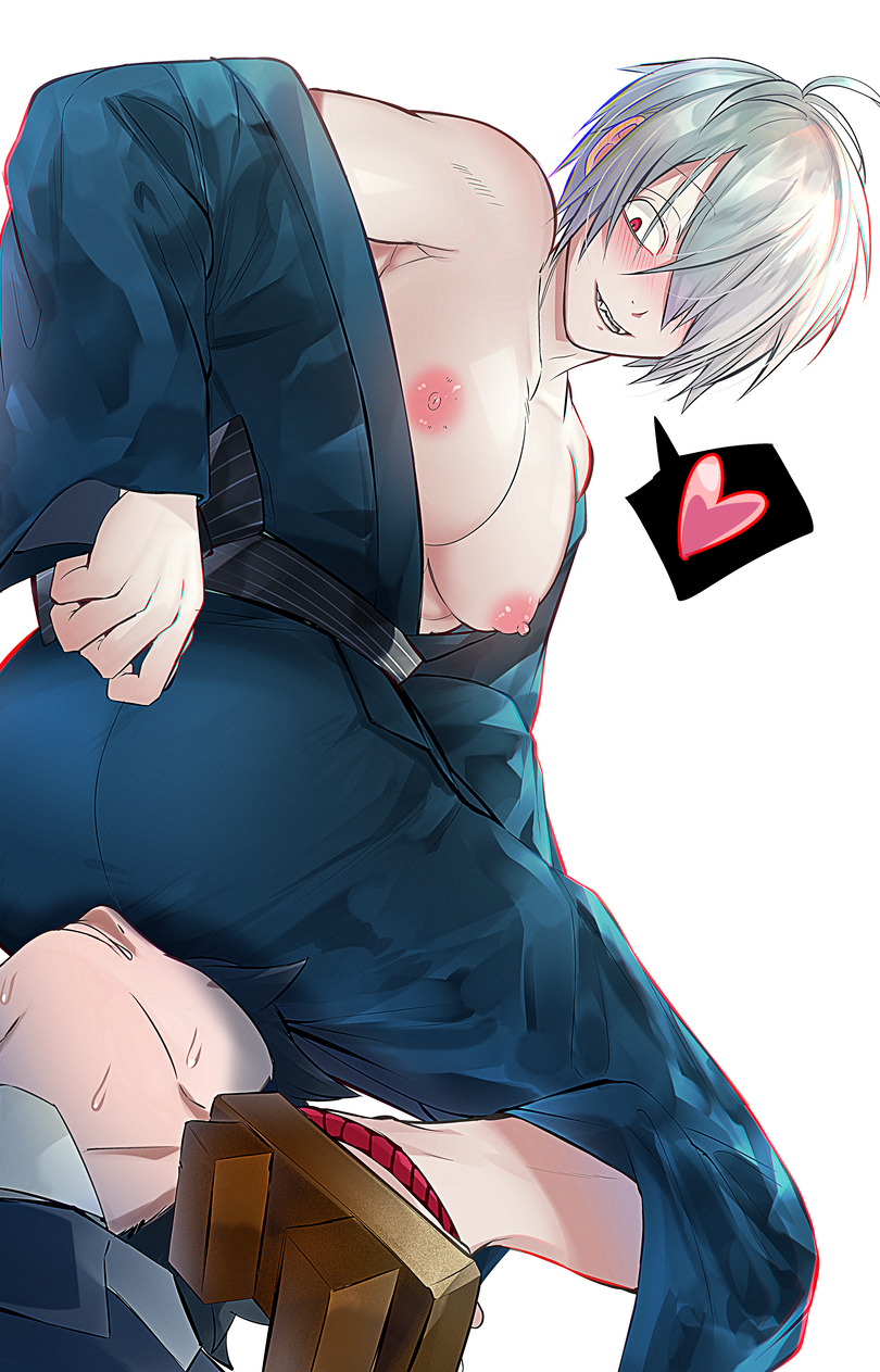 2boys ass big_ass big_pecs blush dilf facesitting fangs gay gegege_no_kitarou geta grin hair_over_one_eye japanese_clothes kimono kitarou_tanjou_gegege_no_nazo looking_back male medama_oyaji_(human) mizuki_(gegege_no_kitarou) nipples off_shoulder pale-skinned_male pale_skin pecs puffy_nipples red_eyes sitting sitting_on_person smile solo_focus spoken_heart squatting sweat tnk_tmtm white_hair yaoi