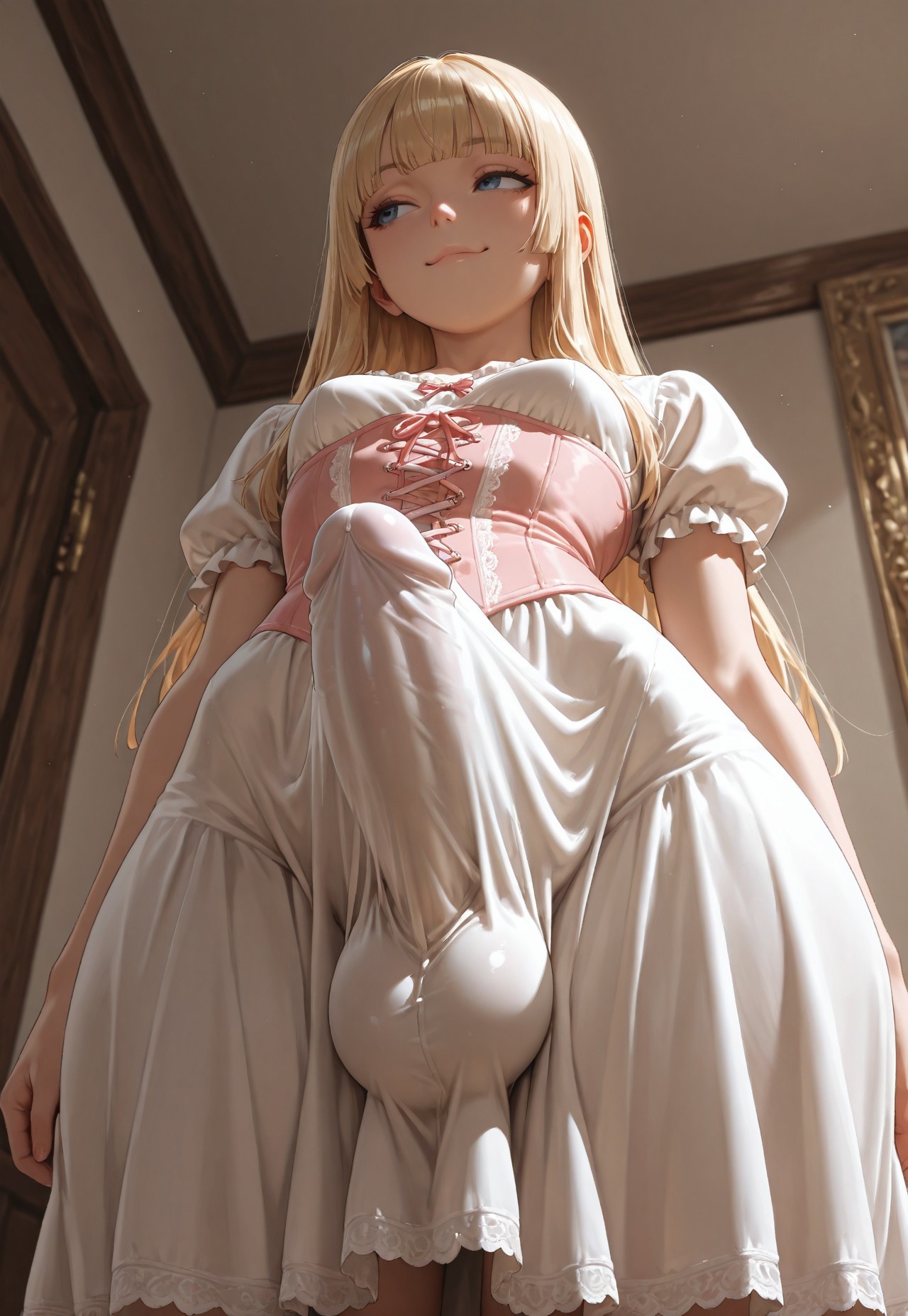 1futa, ai generated, balls, blonde hair, blue eyes, breasts, corset, dress, erection, erection under clothes, erection under dress, female, from below, futa only, futanari, hime cut, hime girl (jamesbron), indoors, intersex, jamesbron, large penis, long hair, looking away, low-angle view, penis, penis bulge, penis focus, penis under dress, pink corset, small breasts, smug, solo, solo futa, standing, taker pov, white dress, wide hips