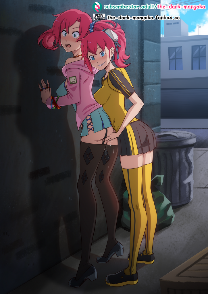 2girls ami_aiba backpack bandai_namco blue_eyes clothed digimon digimon_story digimon_story:_cyber_sleuth feet female female/female female_only fingering fingering_from_behind fingering_partner fingering_pussy light-skinned_female light_skin nokia_shiramine pink_hair red_hair skirt the_dark_mangaka thighhighs yuri