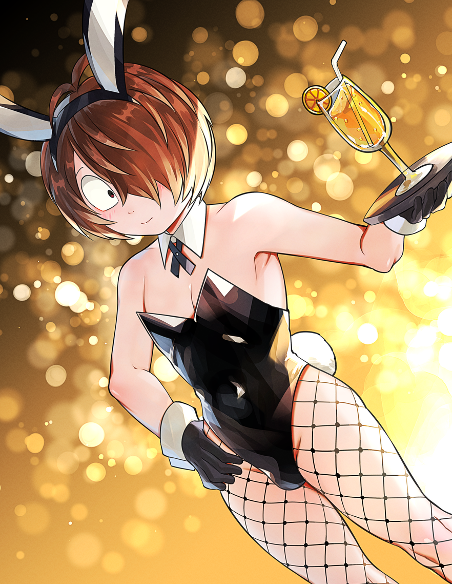 alternate_costume black_gloves blush brown_hair bulge bunny_ears bunnysuit crossover dutch_angle femboy gegege_no_kitarou gloves hair_over_one_eye hand_on_hip kitarou looking_at_viewer male male_only male_playboy_bunny pectoral_cleavage smile solo thick_thighs tnk_tmtm tray waiter