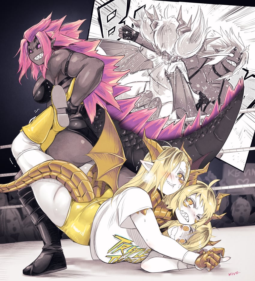 2girls absurdres biting_own_lip black_sclera blonde_hair blowing_kiss blush boots breasts catfight colored_sclera comic commentary dark-skinned_female dark_skin dragon_horns dragon_wings english_commentary english_text extra_tails full_body godzilla godzilla:_king_of_the_monsters godzilla_(monsterverse) godzilla_(series) godzilla_evolved godzilla_x_kong:_the_new_empire heart highres holding holding_sign horns king_ghidorah king_ghidorah_(monsterverse) king_kong_(series) kivo large_breasts lariat leotard monsterverse multiple_girls multiple_heads oerba_yun_fang one_eye_closed open_mouth personification pink_eyes pink_hair rolling_eyes sharp_teeth shirt sign skin_fang sparkle teeth white_shirt wings wrestling wrestling_outfit wrestling_ring yellow_boots yellow_eyes yellow_leotard yellow_tail yellow_wings