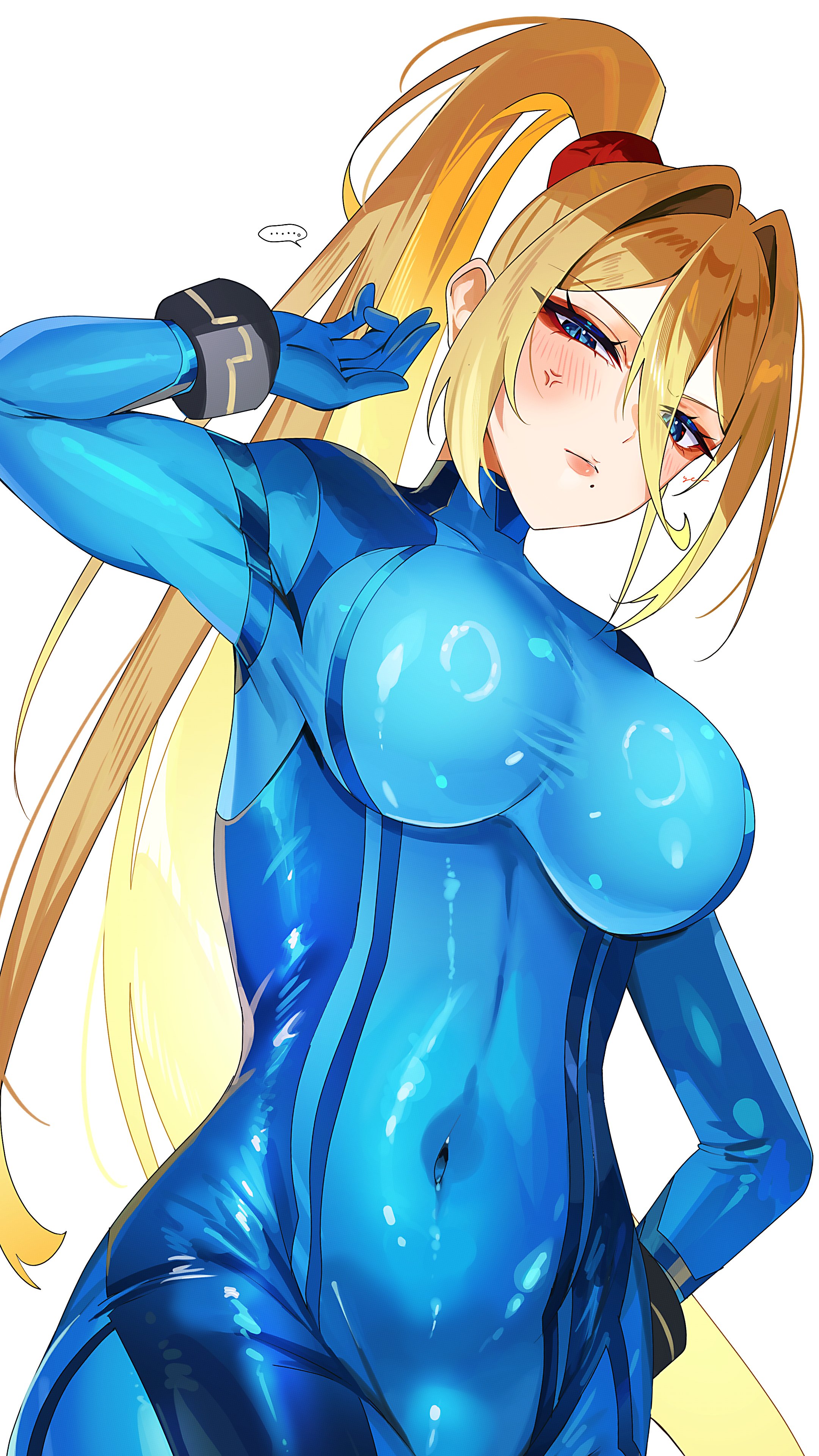 1girls, absurdres, blonde hair, blue bodysuit, blue eyes, blush, bodysuit, bracelet, breasts, covered navel, female, female only, fully clothed, highres, jewelry, large breasts, long hair, looking at viewer, metroid, mole, mole under mouth, navel, nintendo, ponytail, samus aran, shiny clothes, simple background, skin tight, solo, super smash bros., tight clothing, white background, yasaikakiage, zero suit, zero suit samus