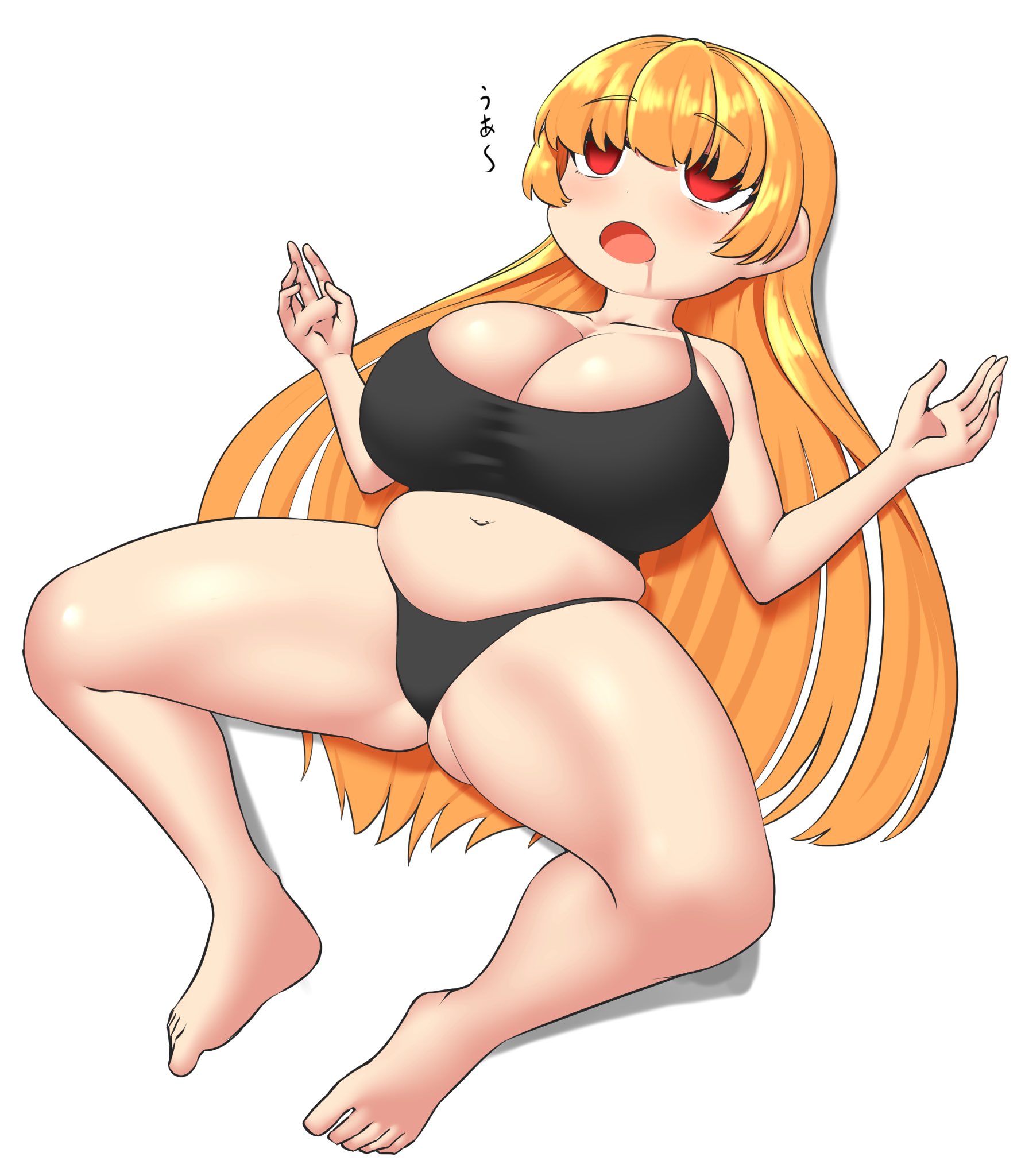 1girls, big belly, big breasts, breasts, female, female focus, humanization, humanized, inkling, inkling girl, kaori (splatoon), laying down, legs apart, light skin, light-skinned female, nintendo, nobunagapero, orange hair, pale eyes, peronattu, plump thighs, red eyes, solo, solo female, solo focus, splatoon, tired, twitter link