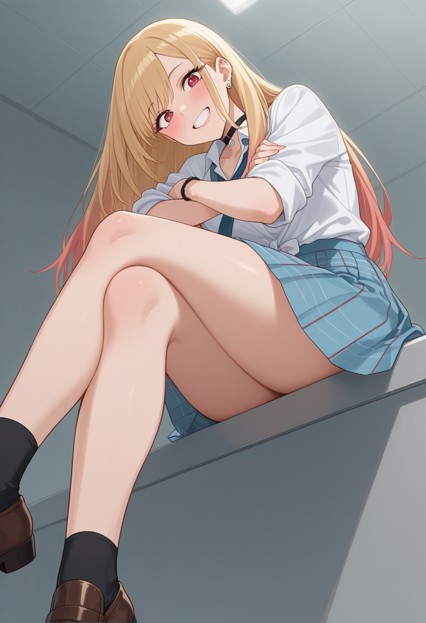 ai_generated alluring blonde_hair blue_skirt female high_res kitagawa_marin long_hair looking_at_viewer miniskirt my_dress_up_darling pink_eyes school_uniform short_sleeves sideboob simple_background sitting smile sono_bisque_doll_wa_koi_wo_suru thigh_high_socks thighs upper_body white_shirt young_woman