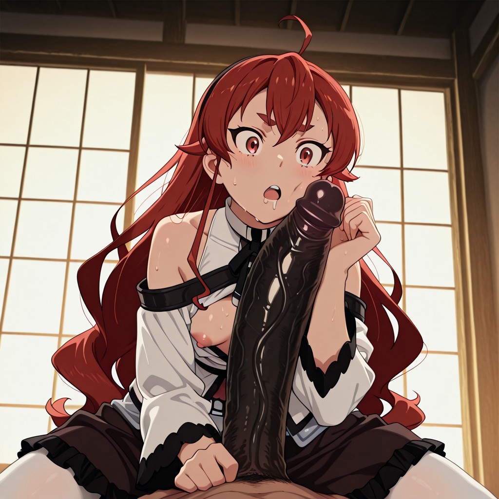 1boy, 1girls, ai generated, akaz123, dark skin, dark-skinned male, drooling, eris greyrat, female, forearm cock, horny female, looking at penis, male, mushoku tensei, mushoku tensei: isekai ittara honki dasu, penis, penis awe, penis measuring, pov, shocked expression, surprised expression