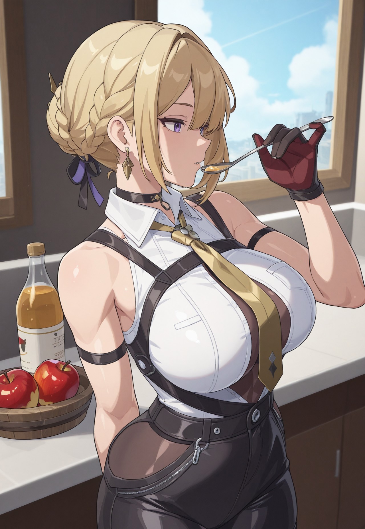 acv, ai generated, apple cider, apple cider vinegar, bare shoulders, big breasts, blonde hair, breasts, day, evelyn chevalier, female, gloves, purple eyes, shiny skin, sipping, spoon, tie, tied hair, zenless zone zero