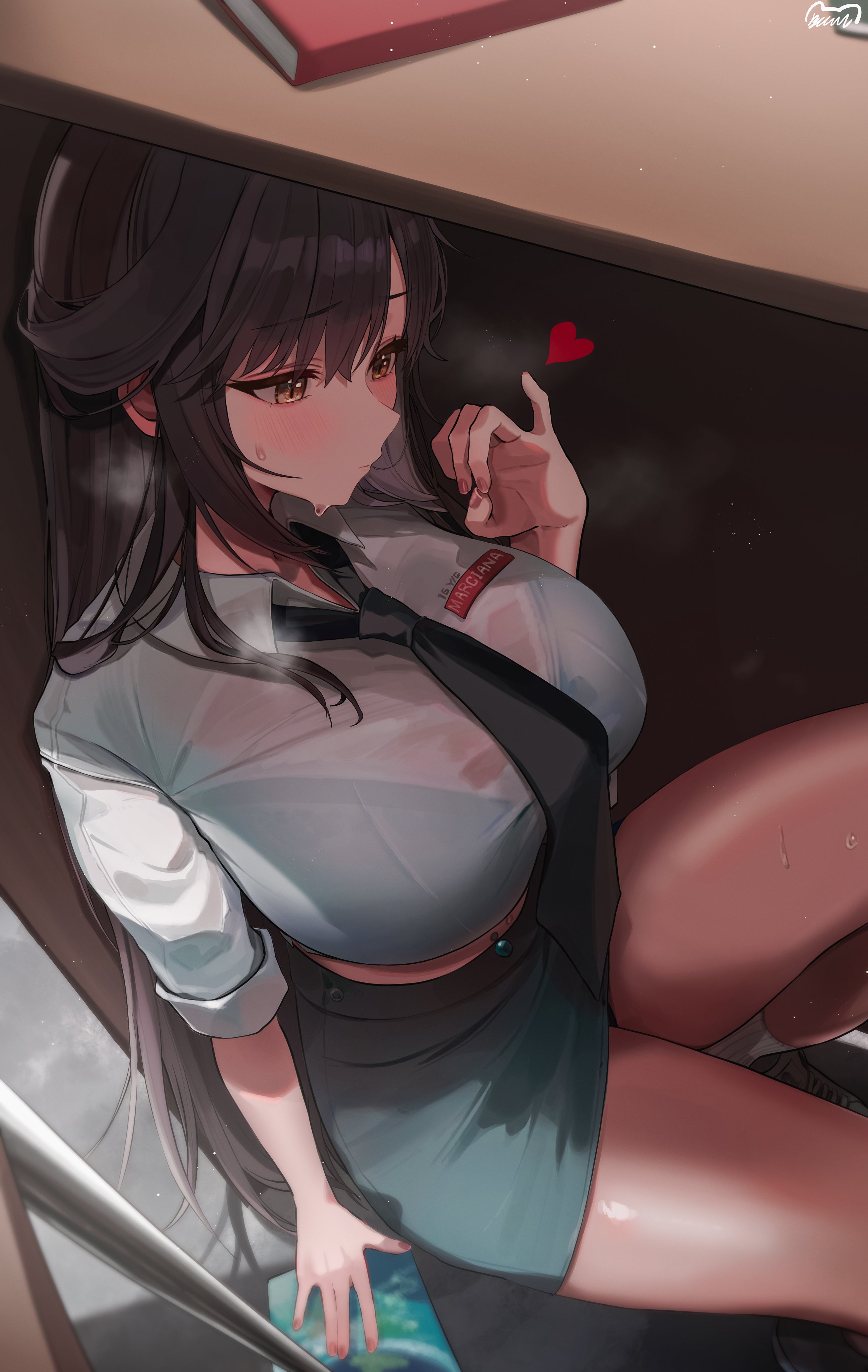 absurdres, black hair, black necktie, black skirt, blance, blush, bra visible through clothes, breasts, closed mouth, desk, female, female only, handjob gesture, heart, highres, large breasts, marciana (nikke), marciana (school days) (nikke), midriff, navel piercing, necktie, pencil skirt, piercing, practicing, revision, see-through clothes, see-through shirt, shirt, skirt, socks, solo, sweat, thighs, under the table, white shirt, yellow eyes