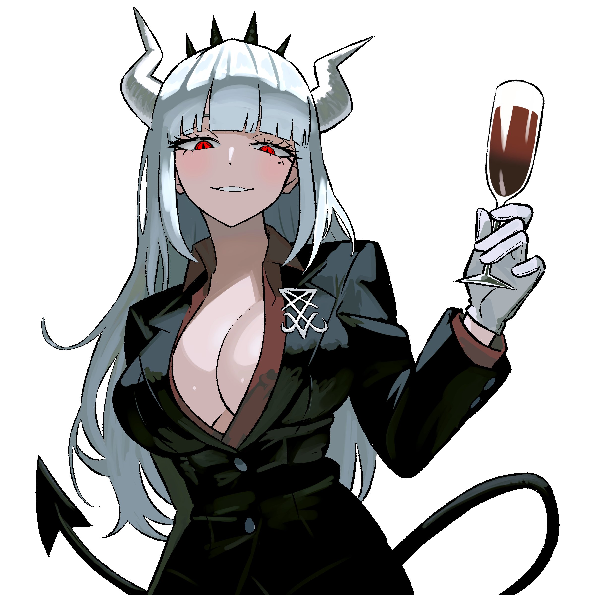 absurdres, black tail, breasts, business suit, cleavage, crown, cup, demon, demon girl, demon horns, demon tail, drinking glass, female, female only, formal clothes, gloves, helltaker, highres, holding, horns, large breasts, long hair, looking at viewer, lucifer (helltaker), mole, mole under eye, red eyes, red shirt, shirt, smile, solo, suit, tail, unbuttoned, white background, white hair, white horns, wine glass, zeon (zzeeonn)