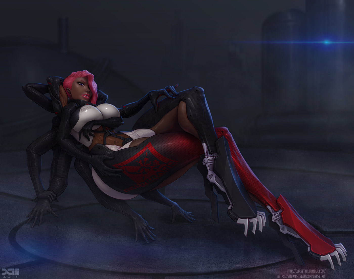 1girls, barretxiii, big breasts, breasts, brown skin, dark skin, dark-skinned female, female, female only, large breasts, lipstick, metal gear (series), metal gear rising, metal gear rising: revengeance, metal gear solid, mistral (metal gear rising), pink lipstick, pose, solo, thick thighs, thighs, tight clothes