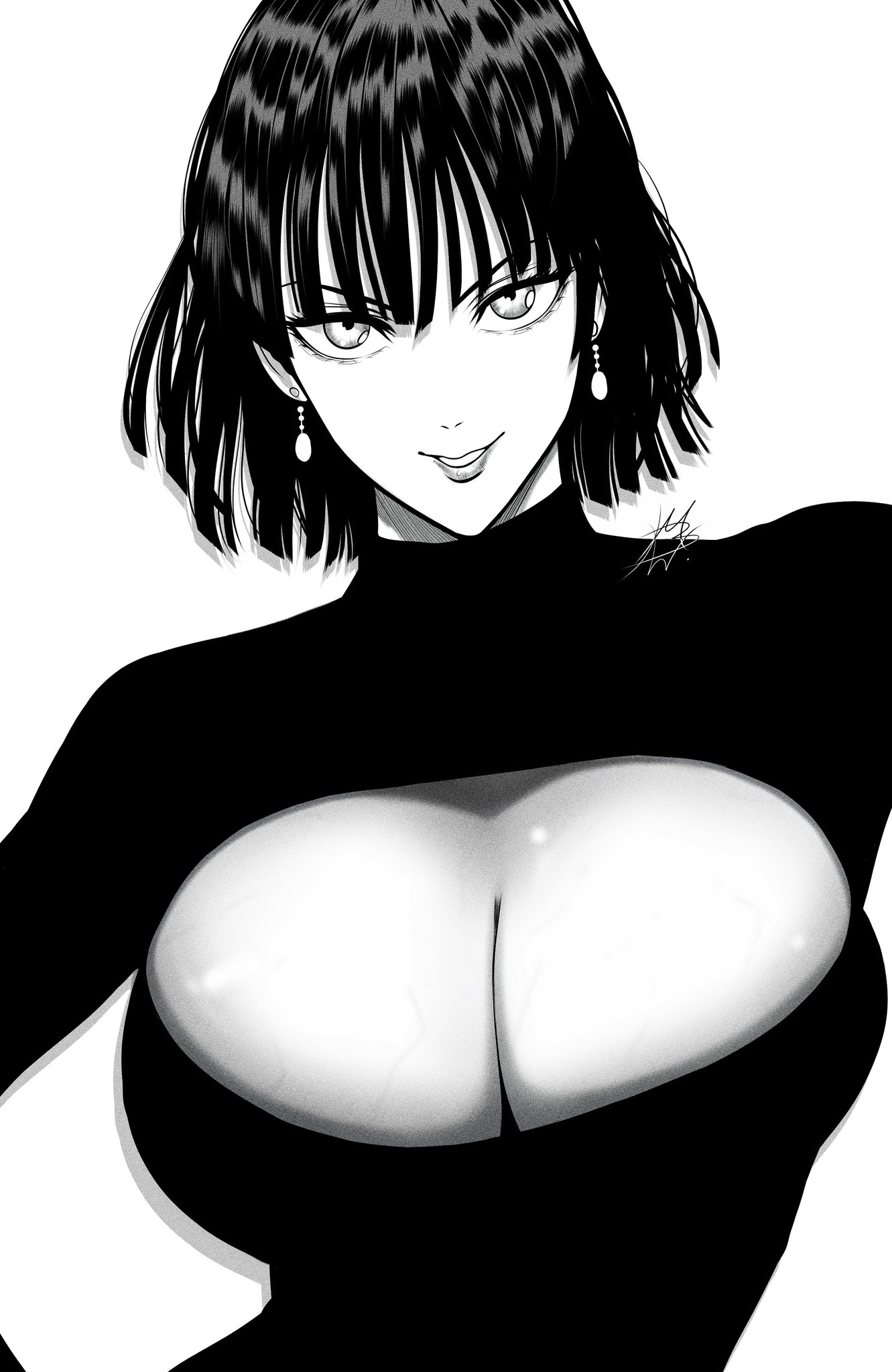 1girls, big breasts, black and white, boob window, breasts, clothed, clothing, female, female focus, female only, fubuki (one-punch man), hi res, large breasts, light skin, light-skinned female, mostlybluewyatt, one-punch man, short hair, solo, solo female