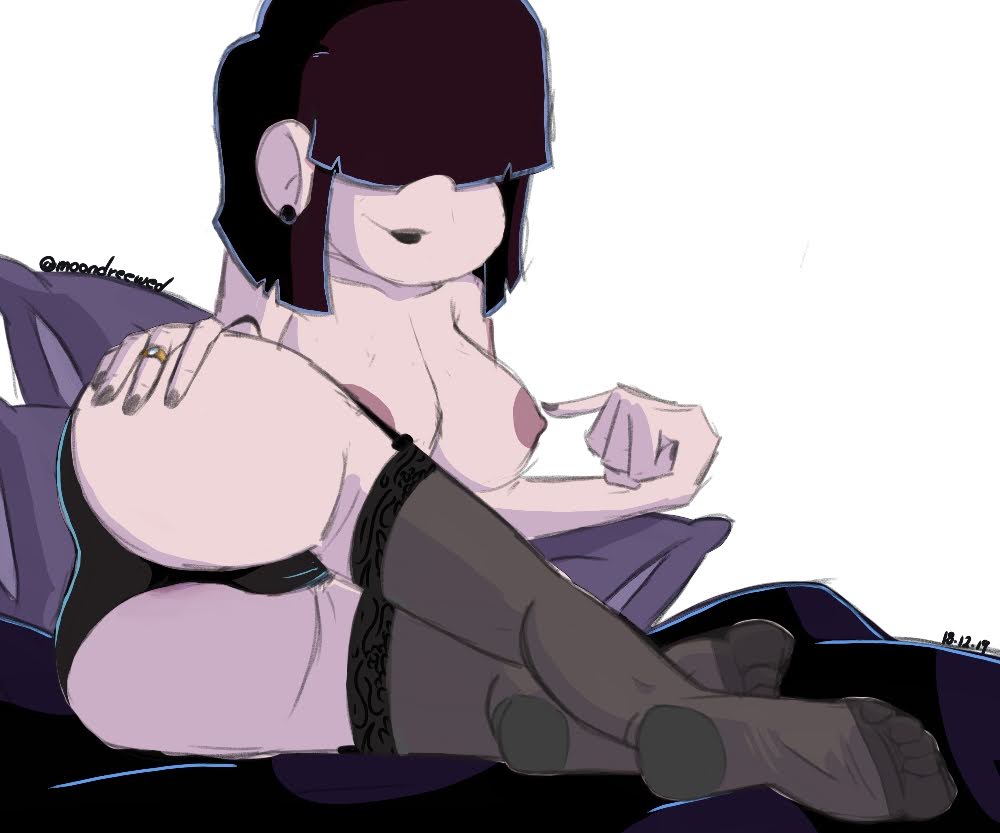 1girls 2019 aged_up artist_name ass bed black_hair black_lipstick black_panties black_stockings breasts earrings female female_only hand_on_butt light-skinned_female light_skin lipstick looking_at_viewer lucy_loud moondreewed nickelodeon nipples pale-skinned_female pale_skin panties pillow pillows seductive smile solo stockings the_loud_house topless topless_female