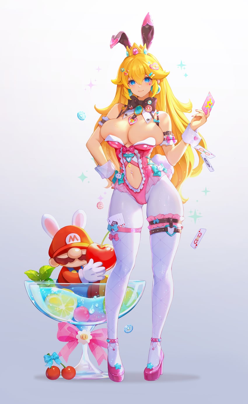 1boy 1female 1girls 1male 1up 1up_mushroom blonde_female blonde_hair blue_eyes breasts bunny_ears bunnysuit cameltoe card cherry clothing crown cutout fake_animal_ears female fire_flower food fruit high_heels long_hair male margarita margarita_glass mario mario_(series) moustache mushroommirror navel nintendo pantyhose pink_high_heels pink_outfit playboy_bunny princess_peach pussy_visible_through_clothes rabbit_ears rabbit_tail red_hat royalty spilling_out super_mario_bros. wrist_cuffs