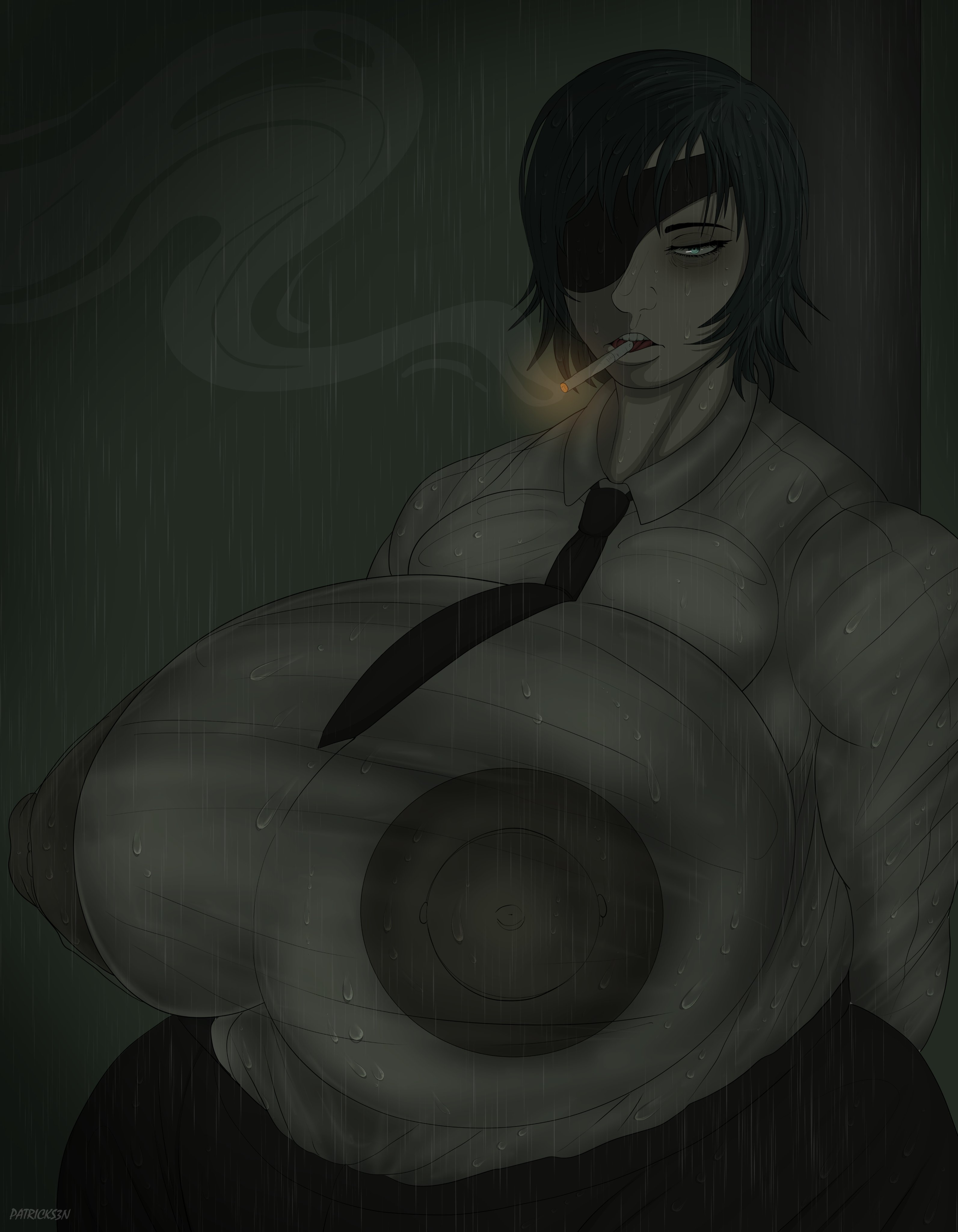 1girls, breasts, chainsaw man, female, female only, gigantic breasts, himeno (chainsaw man), huge breasts, nipples visible through clothing, patricks3n, solo, solo female, voluptuous, wet clothes