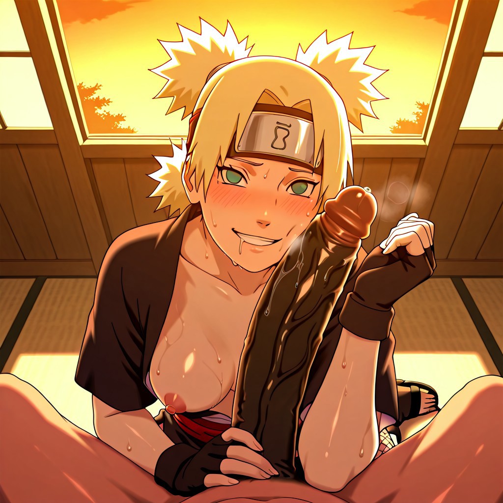ai generated, dark skin, dark-skinned male, drooling, female, forearm cock, horny female, looking at viewer, male, naruto, naruto (series), naruto shippuden, penis, penis awe, seductive smile, temari