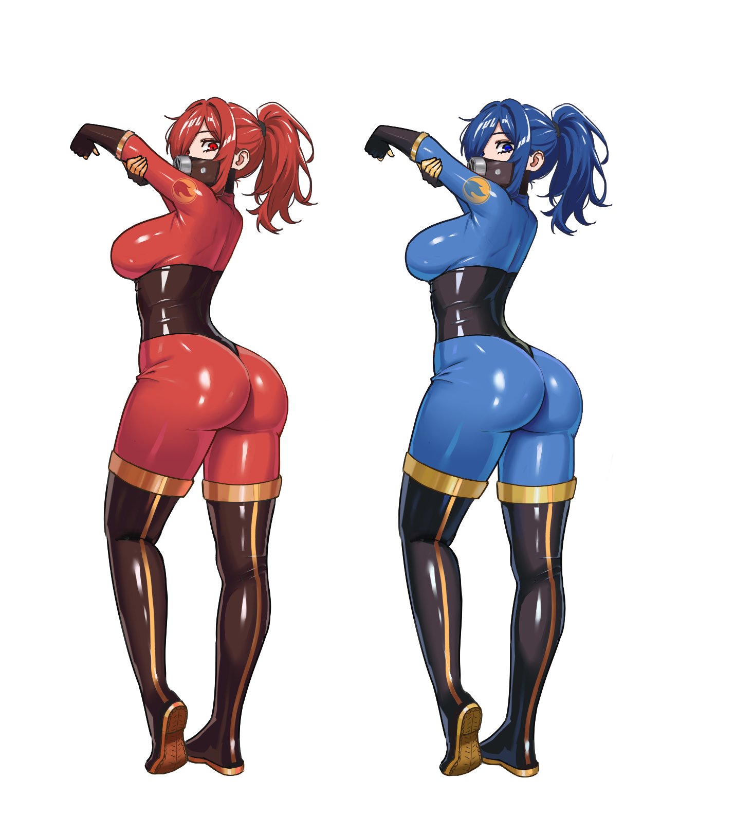 back, back view, blue eyes, blue hair, commission, face mask, facemask, fempyro, latex, latex clothing, latex suit, looking at viewer, looking back, mouth mask, nihu, ponytail, red eyes, red hair, team fortress 2