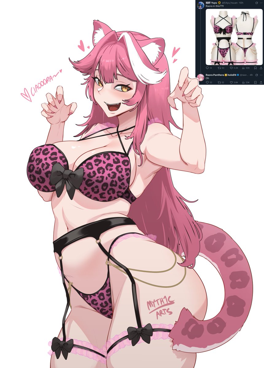 1girls 2d 2d_(artwork) alternate_costume animal_ears animal_print animal_tail big_breasts black_lingerie blush bra fanart fanart_from_twitter female female_only front_view hearts_around_head hololive hololive_english hololive_english_-justice- hourglass_figure light-skinned_female light_skin lingerie long_hair looking_at_viewer myth1c myth1carts panther_ears panther_girl pink_hair pink_lingerie pink_nails raora_panthera ribbon sexy simple_background slim_girl smiling smiling_at_viewer solo standing thong virtual_youtuber voluptuous voluptuous_female vtuber vtuberfanart white_background yellow_eyes young younger_female