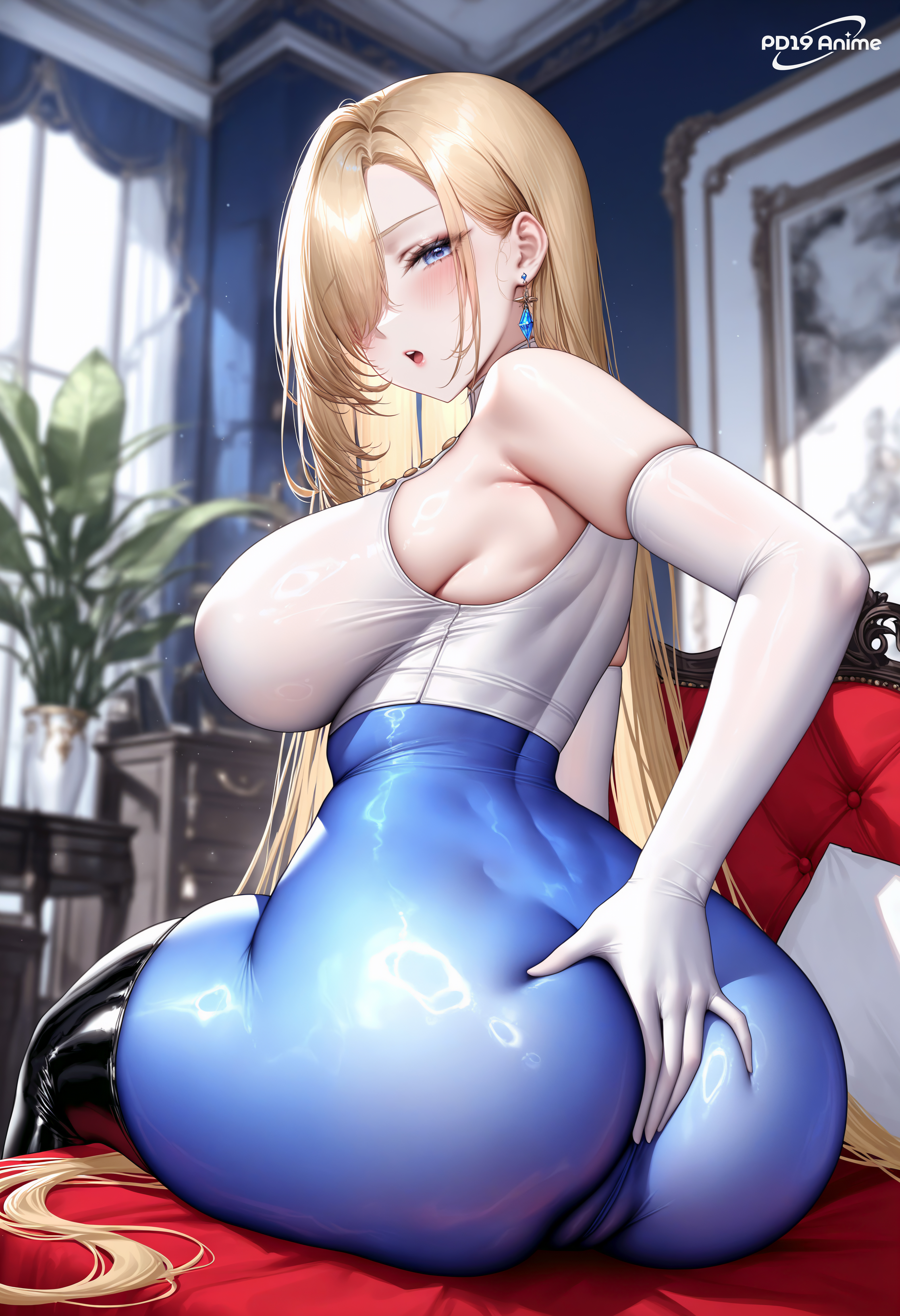 ai generated, ass, ass grab, bodysuit, breasts, curvy figure, female, horny female, looking back, presenting hindquarters, seduction techniques, sideboob, surprised expression, wilhelmina (brown dust)