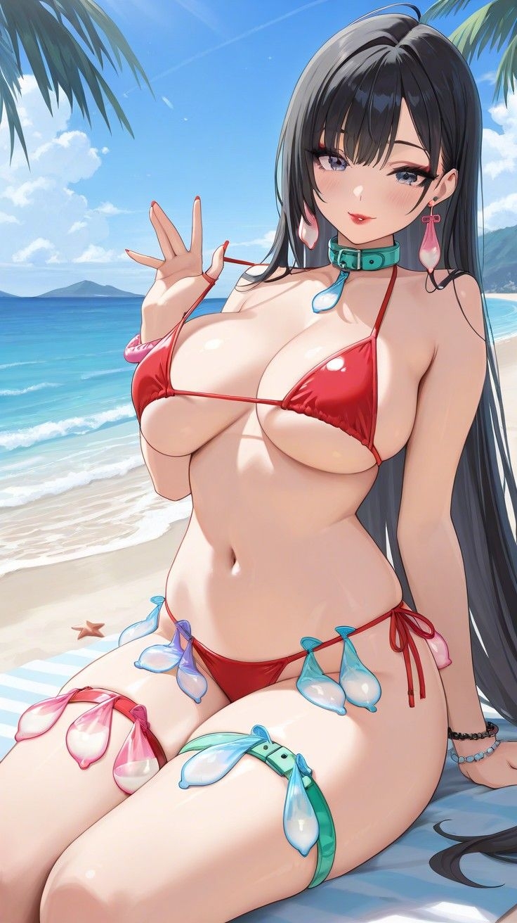 1girls, ai generated, background, bangs, bare shoulders, beach, big breasts, bikini, bikini bottom, bikini pull, bikini top, black hair, blue eyes, bracelet, bracelets, breasts, cleavage, collar, commentary request, condom, condom accessories, condoms, cum filled condom, day, eyeshadow, female, female focus, female only, filled condom, filled condoms, hair, hips, lia the busty redhead, lipstick, long hair, looking at viewer, makeup, midriff, nail polish, original, original character, outdoors, outside, red bikini, red lipstick, red nails, seductive, seductive look, seductive pose, seductive smile, self upload, sideboob, sitting, sky, solo, solo female, solo focus, straight bangs, straight hair, string bikini, suggestive, suggestive gesture, suggestive look, suggestive pose, tagme, thighlet, thighs, underboob, very long hair, water