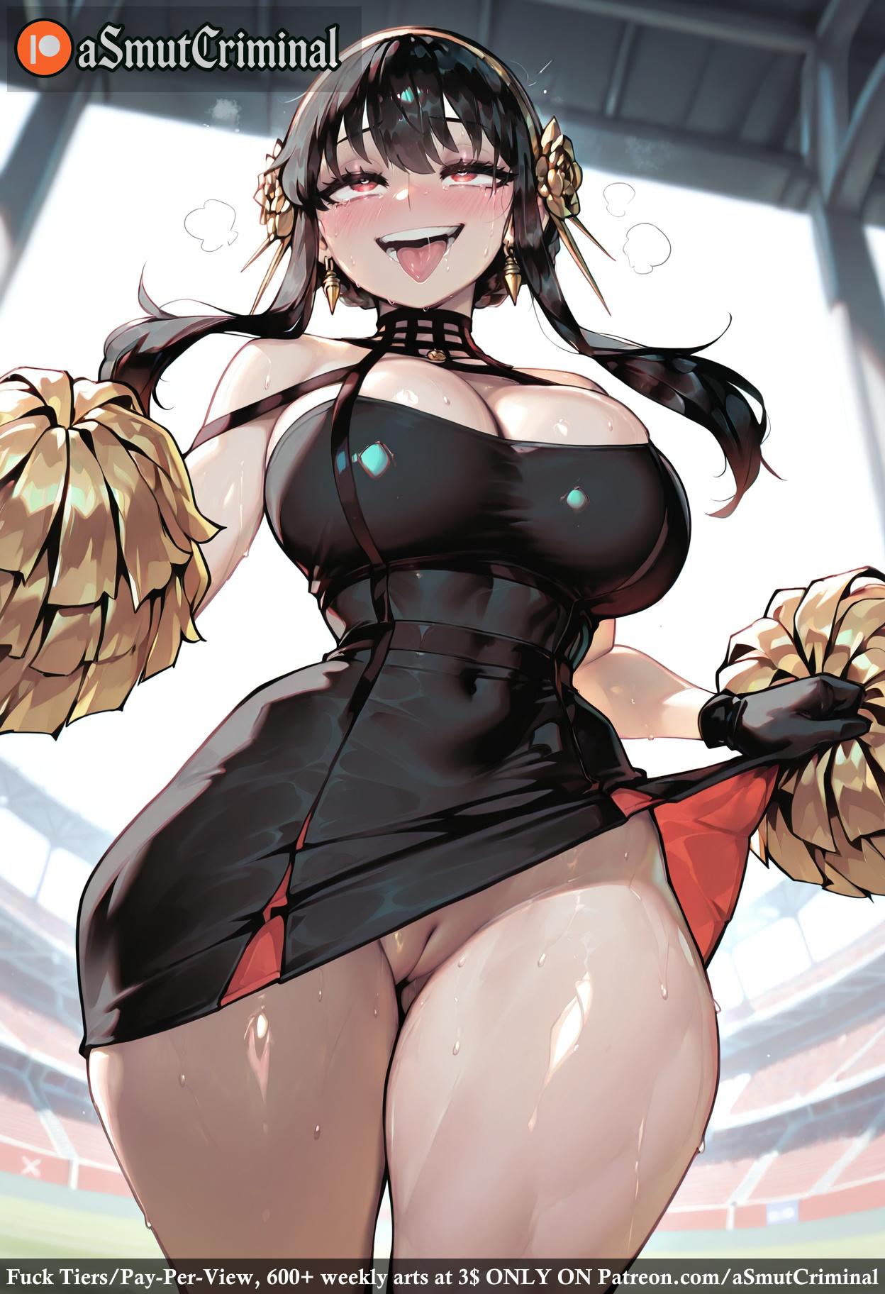 ai_generated alternate_costume asmutcriminal bangs bare_shoulders black_dress black_hair blunt_bangs blurry blurry_background blush breasts breath cheerleader cleavage clothes_lift cowboy_shot day dress dress_lift earrings eyebrows_visible_through_hair female hair_ornament heart-shaped_pupils heavy_breathing holding indoors large_breasts lifted_by_self long_hair looking_at_viewer no_panties open_mouth pom_pom_(cheerleading) pussy red_eyes sleeveless smile solo standing steam sweat tagme teeth thick_thighs thighs tongue window