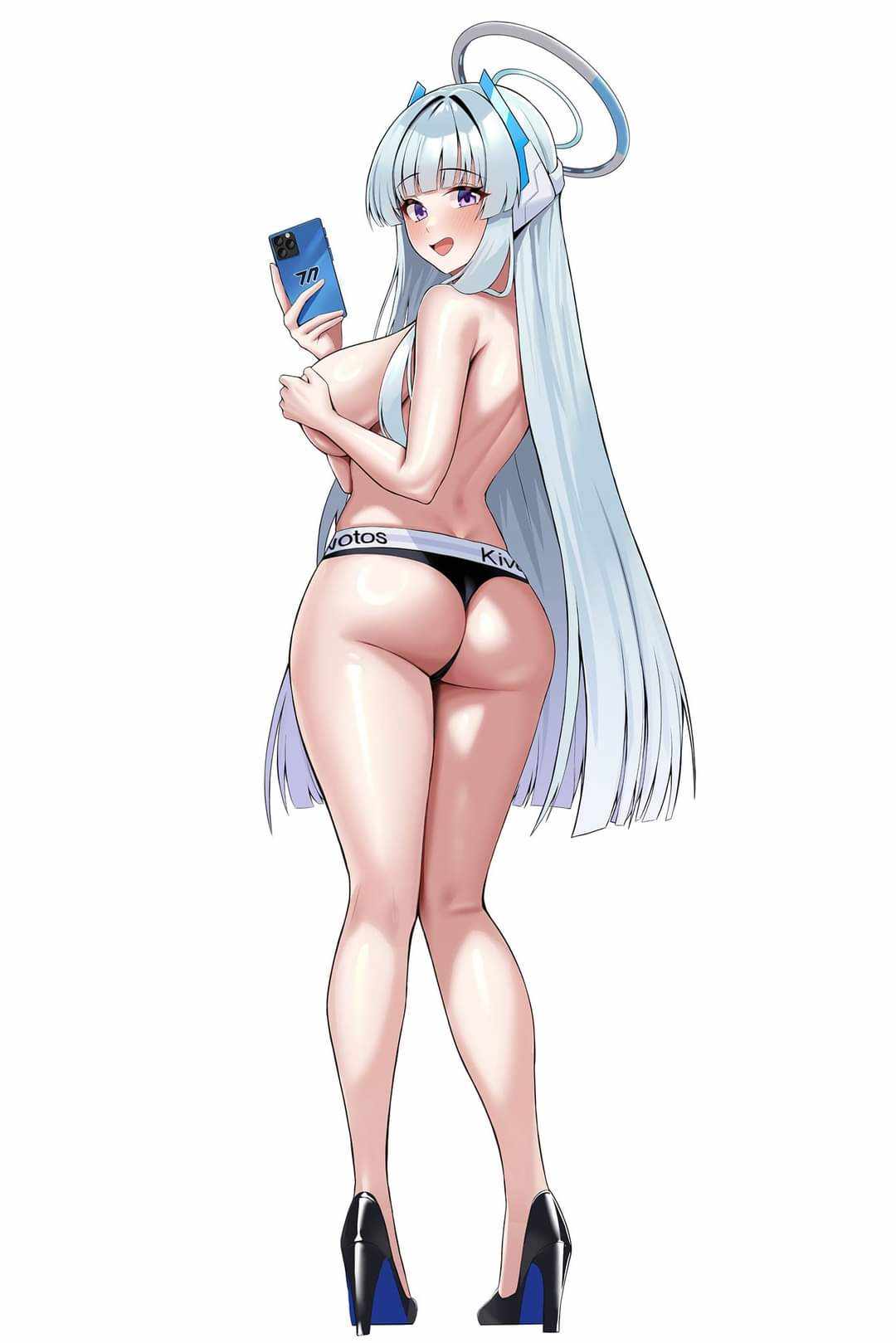 1girls, ass, big ass, big breasts, big butt, blue archive, breasts, female, female only, halo, hand covering breasts, hand on breast, noa (blue archive), onedoo, panties, selfie, taking picture