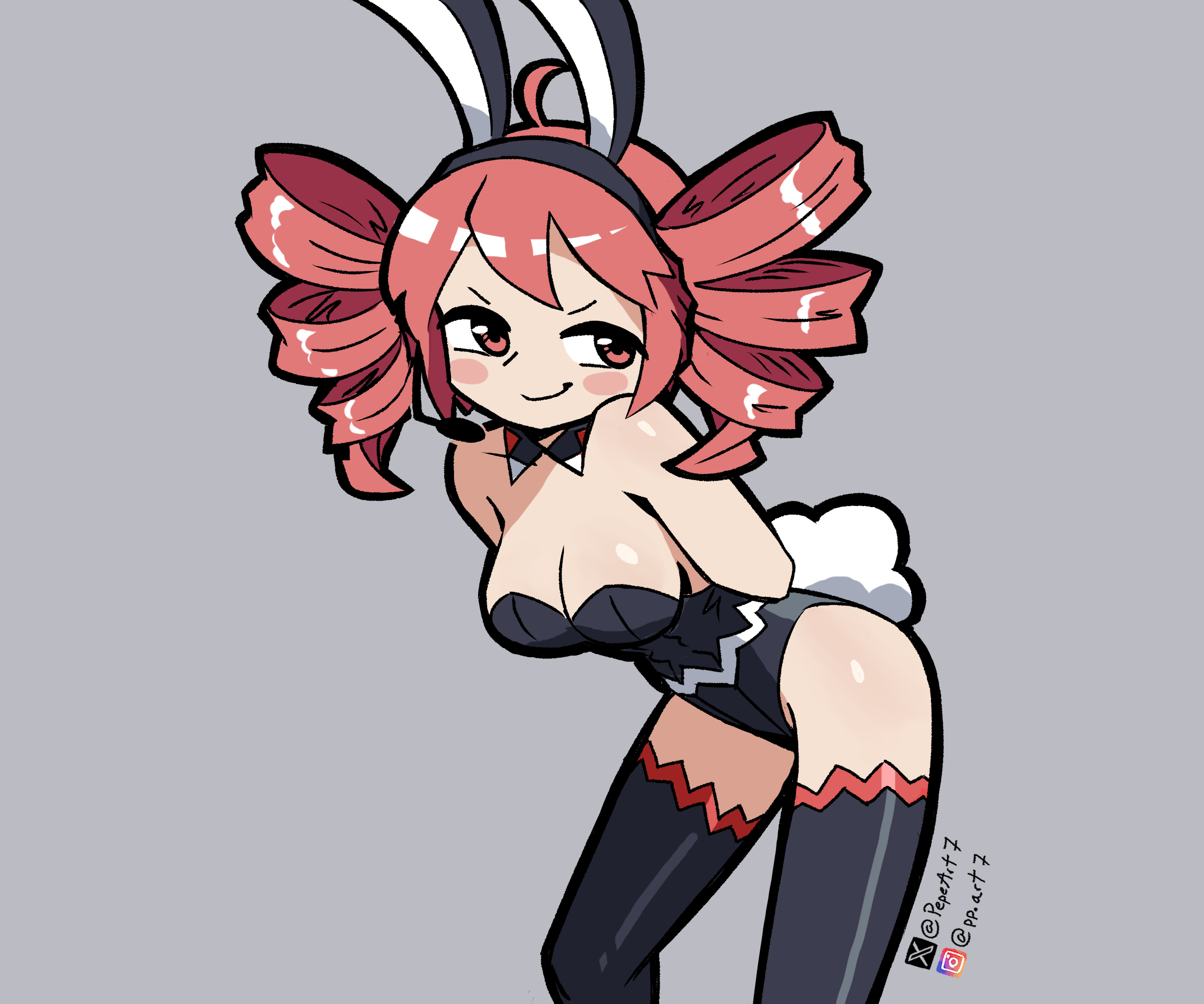 1girls, bunny ears, bunnysuit, cleavage, drill hair, female, female only, kasane teto, microphone, pepeart, red hair, solo, solo female, thighhighs, utau