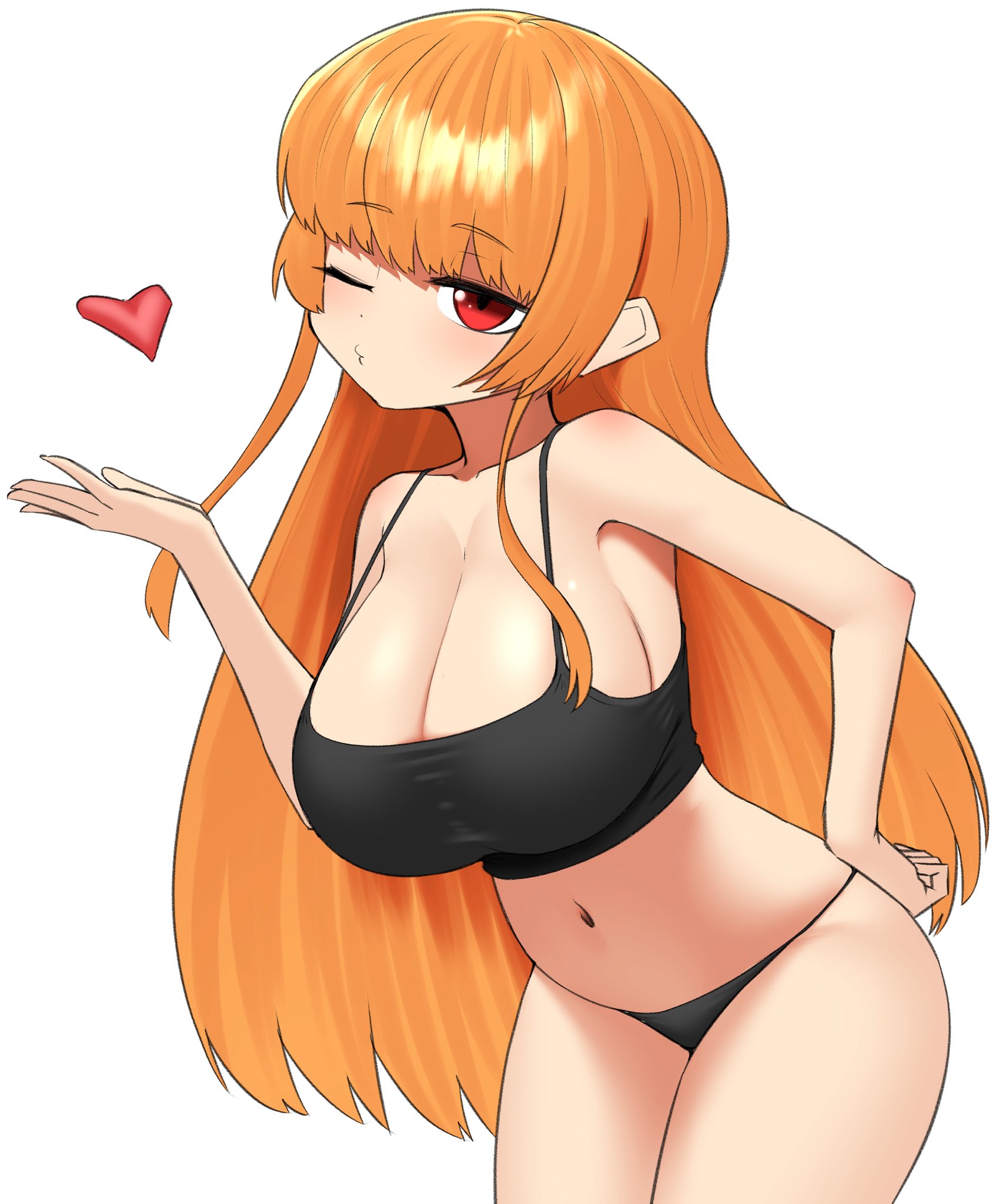 1girls, big breasts, blowing kiss, bra, breasts, female, female focus, human, humanization, humanized, inkling, inkling girl, kaori (splatoon), light skin, light-skinned female, nintendo, nobunagapero, orange hair, peronattu, red eyes, solo, solo female, solo focus, splatoon, twitter link, winking at viewer