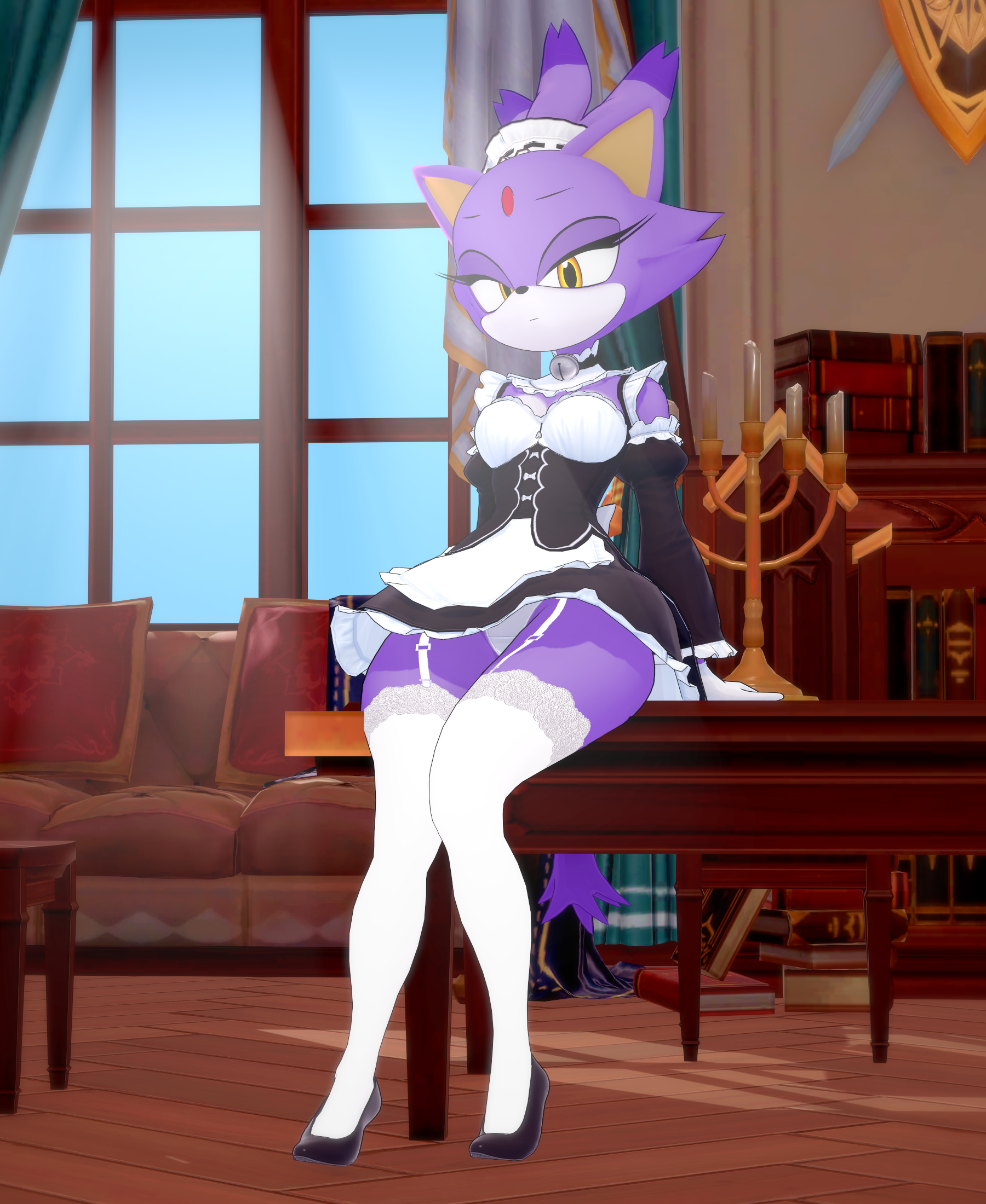 1girls, 3d, angry, angry expression, angry face, anthro, bell collar, belly, blaze the cat, breasts, cat ears, cat girl, cat tail, catgirl, female, female focus, female only, furry, furry female, furry only, garter belt, garter straps, gloves, koikatsu, looking at viewer, maid, maid apron, maid headdress, maid outfit, maid uniform, panties, panties visible through clothing, pear shaped, pear-shaped figure, pumps, purple body, purple fur, purple skin, render 007, sitting, sitting on desk, small breasts, sonic (series), sonic the hedgehog (series), suggestive, thick thighs, thigh highs, thighhighs, thighs, yellow eyes