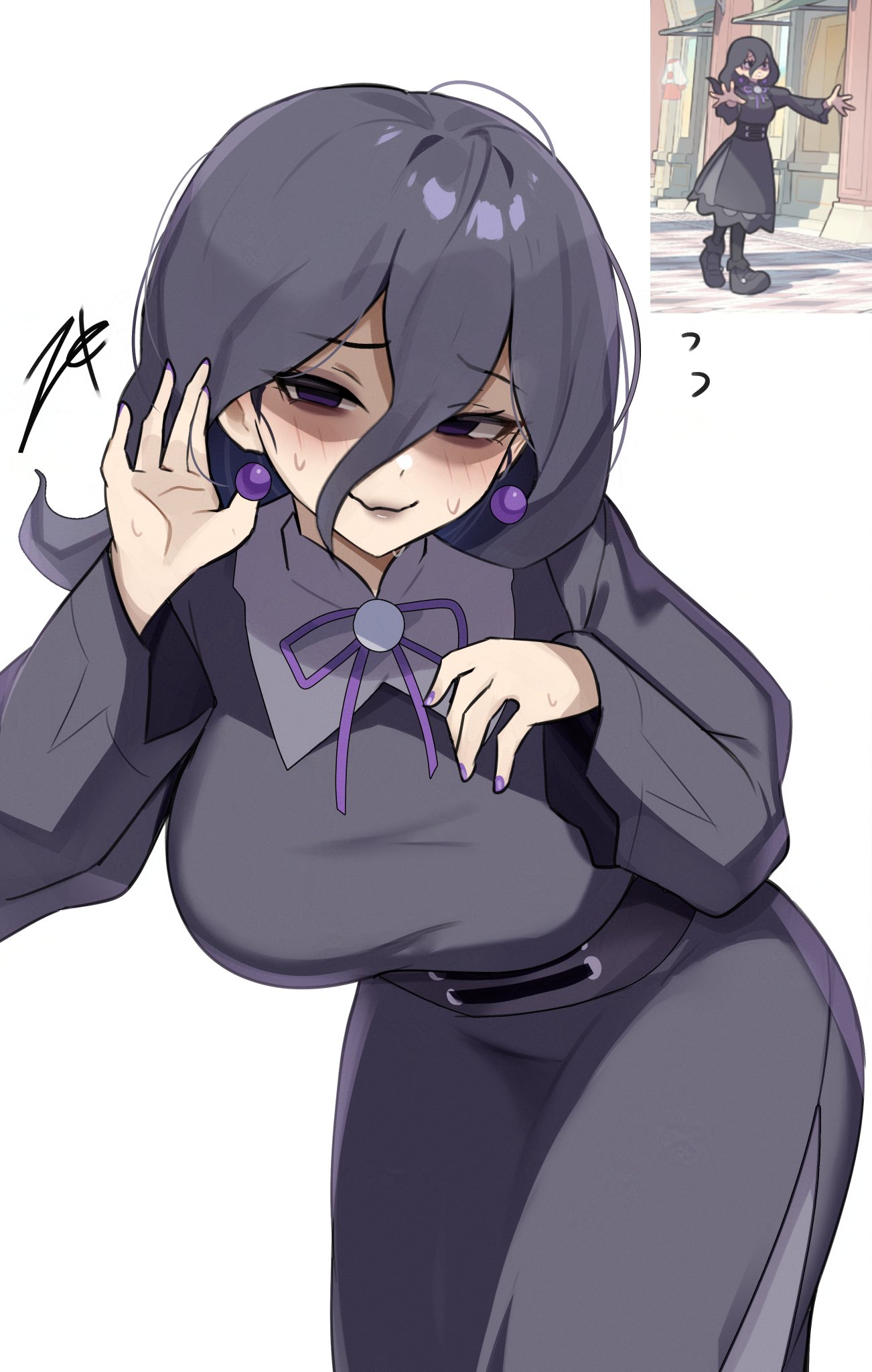 1girls, 2025, 2d, 2d (artwork), alternate breast size, artist signature, bags under eyes, black dress, black hair, breasts, clothed, clothed female, dress, earrings, female, female only, fully clothed, game freak, hair between eyes, hex maniac, hex maniac (pokemon legends: z-a), highres, jewelry, large breasts, long hair, long sleeves, looking at viewer, nail polish, neck ribbon, nintendo, pokemon, pokemon legends: z-a, purple eyes, purple ribbon, ribbon, sfw, solo, solo female, white background, zet (twt zet)