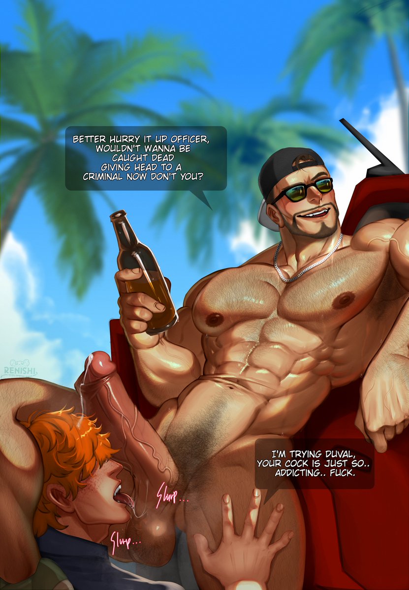 alcohol alcohol_bottle alcoholic_drink armpit_hair backwards_baseball_cap backwards_cap backwards_hat bara beard beer beer_bottle big_balls big_penis blowjob bottle chain_necklace clothed_male_nude_male cop criminal dialogue dirty_talk dominant_male english english_text facial_hair gay gay_domination grand_theft_auto grand_theft_auto_vi hair hairy hairy_armpits hairy_chest hairy_legs hairy_male hat huge_balls huge_cock jason_(gta) jason_duval jewelry leg_around_head leg_over_thigh licking licking_penis male male/male male_only necklace oral original_character outdoor outdoor_nudity outdoor_sex outdoors outdoors_nudity outdoors_sex police police_officer police_uniform policeman precum precum_drip precum_on_penis public public_nudity public_sex renishi9 saliva saliva_on_penis saliva_string saliva_trail shades speech_bubble submissive_male sunglasses text veins veiny_penis yaoi