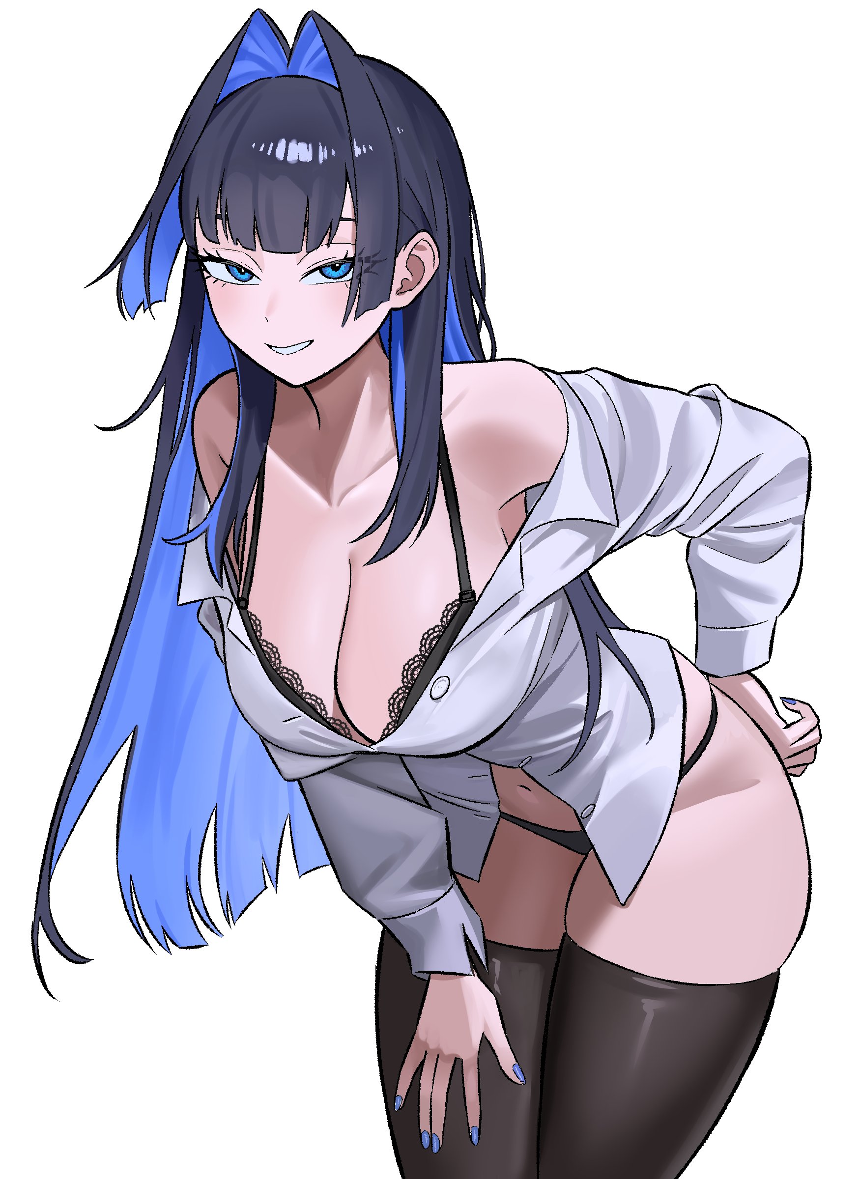 1girls, absurdres, big breasts, black bra, black hair, black panties, black thighhighs, blue eyes, blue hair, blue nails, bra, breasts, cleavage, collarbone, female, female only, fingernails, hair intakes, highres, hololive, hololive english, hololive english -council-, hololive english -promise-, huge breasts, large breasts, leaning forward, long sleeves, looking at viewer, multicolored hair, nail polish, ouro kronii, panties, partially unbuttoned, shirt, simple background, smile, solo, solo female, thick, thick thighs, thighhighs, thighs, two-tone hair, unbuttoned, unbuttoned shirt, underwear, virtual youtuber, voluptuous, voluptuous female, white background, white shirt, wide hips, zeon (zzeeonn)
