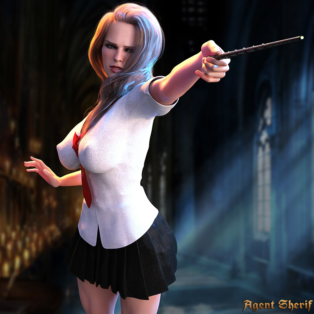 1girls 3d big_breasts breasts brown_hair erect_nipples female harry_potter hermione_granger nipple_bulge nordfantasy solo wand