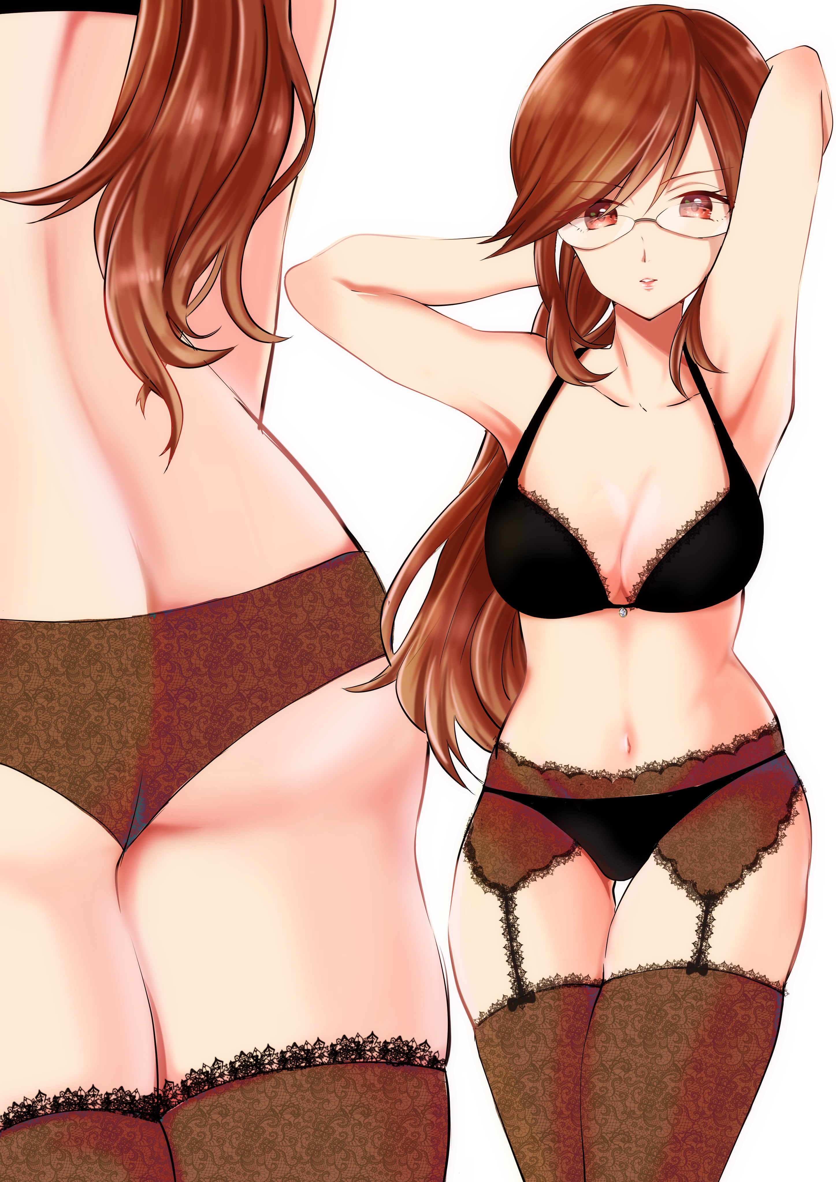 armpits, arms up, ass, bare arms, bare belly, bare shoulders, belly button, big breasts, black bra, black panties, bra, breasts, butt crack, cleavage, collarbone, female, garter belt, garter straps, glasses, lingerie, long hair, lorelei (pokemon), mature female, panties, parted lips, pokemon, red eyes, red hair, sawayaka minami, thighhighs, thighs, underwear