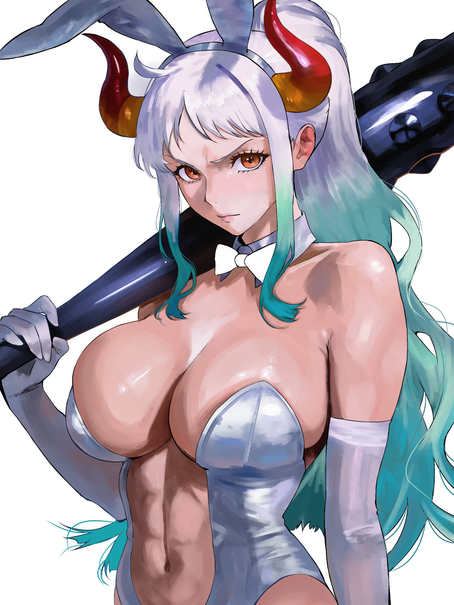 1girls, abs, angry, biiontwoo, breasts, bunnysuit, cleavage, clothing, female, female only, large breasts, looking at viewer, one piece, ponytail, strong female, tagme, two-tone hair, white hair, white-haired female, yamato (one piece)