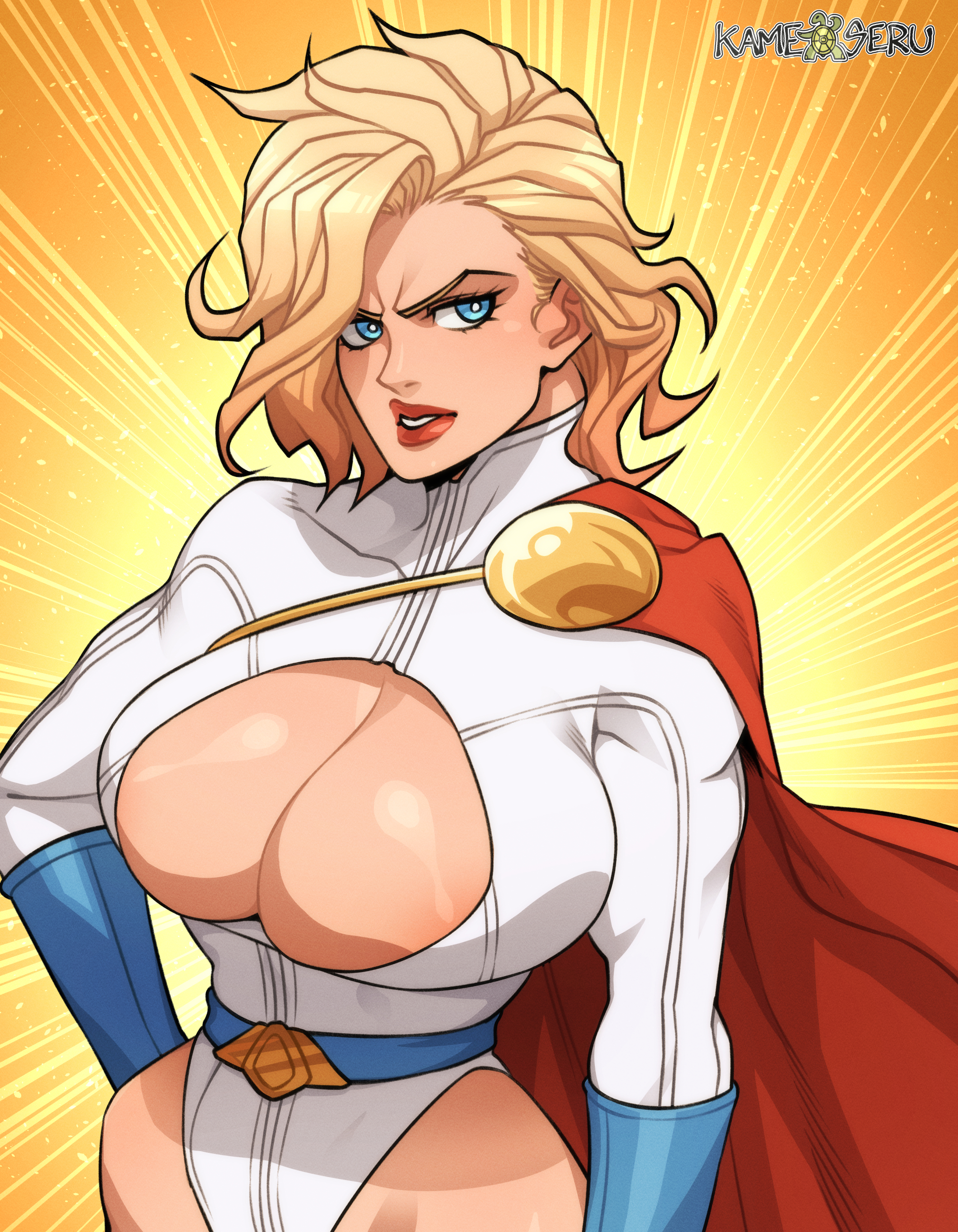 about to burst, barely contained breasts, barely fits, blonde hair, blue eyes, boob window, breasts, breasts too big, dc, dc comics, female, female only, hourglass figure, imminent wardrobe malfunction, inconvenient boobs, inconvenient breasts, kamekuzu, kameseru, karen starr, power girl, short hair, solo, solo female, superheroine, superman (series), too small clothes, too tight, undersized clothes