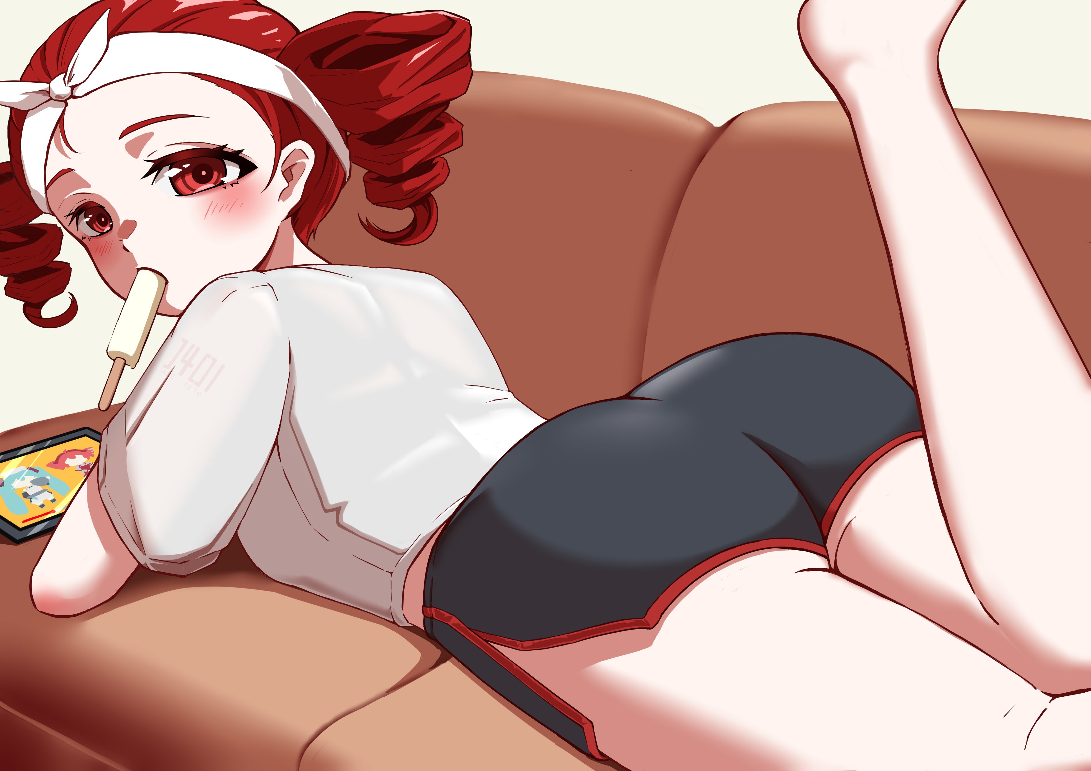 1girls, 2d, 2d (artwork), ass, ass focus, bamboo rindou, big ass, big thighs, blush, blush lines, breasts, bubble butt, couch, curvaceous, curvy, curvy female, curvy figure, dolphin shorts, fat ass, female, female only, gluteal fold, gym shorts, hairband, huge ass, kasane teto, large ass, large thighs, laying down, laying on stomach, legs, legs up, looking at viewer, looking back, petite, petite body, petite female, plump, plump ass, plump thighs, popsicle, popsicle in mouth, presenting, presenting ass, red eyes, red hair, shirt, short shorts, shorts, slicked back hair, slim waist, small breasts, solo, solo female, thick thighs, thighs, twin drills, utau, wide hips