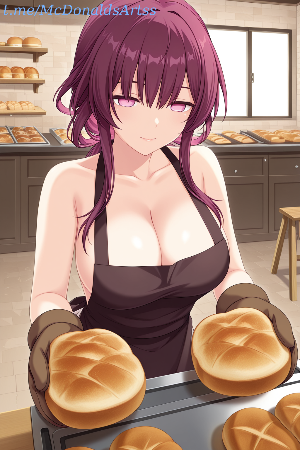 1girl 1girls ai_generated alternate_costume apron baking bare_arms bare_shoulders black_apron boobs_focus bread breasts breasts_focus brown_apron cleavage closed_mouth collarbone commentary_request female female_focus female_only food gloves holding holding_food honkai:_star_rail honkai_(series) indoors kafka_(honkai:_star_rail) kitchen large_breasts long_hair looking_at_viewer naked_apron oven_mitts purple_eyes purple_hair shop sidelocks smile solo window zelanell