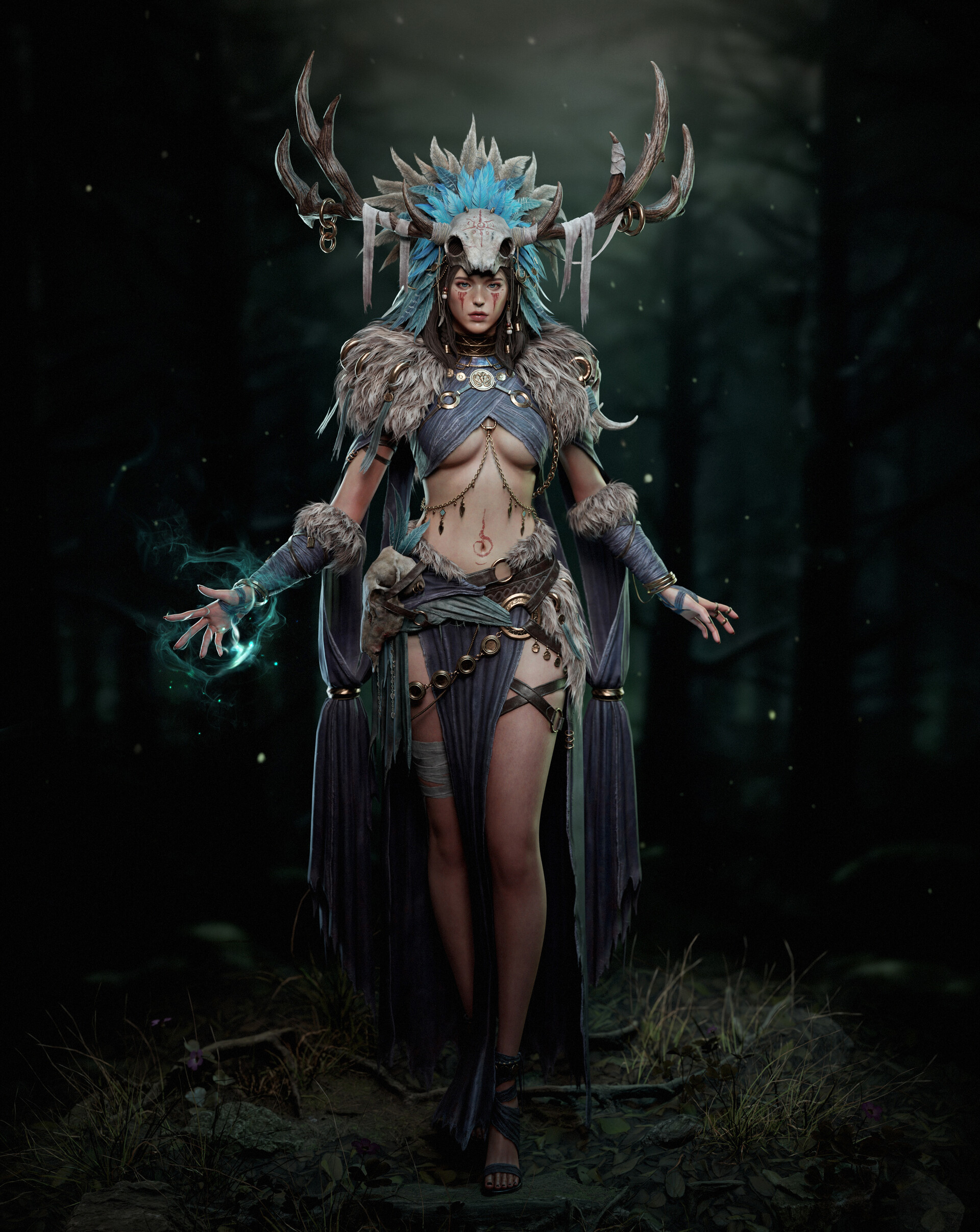 1girls, 3d, 3d model, 3d render, antlers, blender, blender (software), breasts, cgi, cleavage, clothed, erotic, face markings, facial markings, feathers, feet, female, female human, harok lee, high quality, high resolution, highres, horns, human shaman, jewelry, pagan, paganism, primal, seer, sexy, sexy body, shaman, shamaness, shamanic, tattoo, tattoos, tribal, tribal clothing, tribal female, tribal jewelry, tribal markings, tribal outfit, tribal paint, tribal spellcaster, tribal tattoo, tribal tattoos, under boob, underboob, yeongzy
