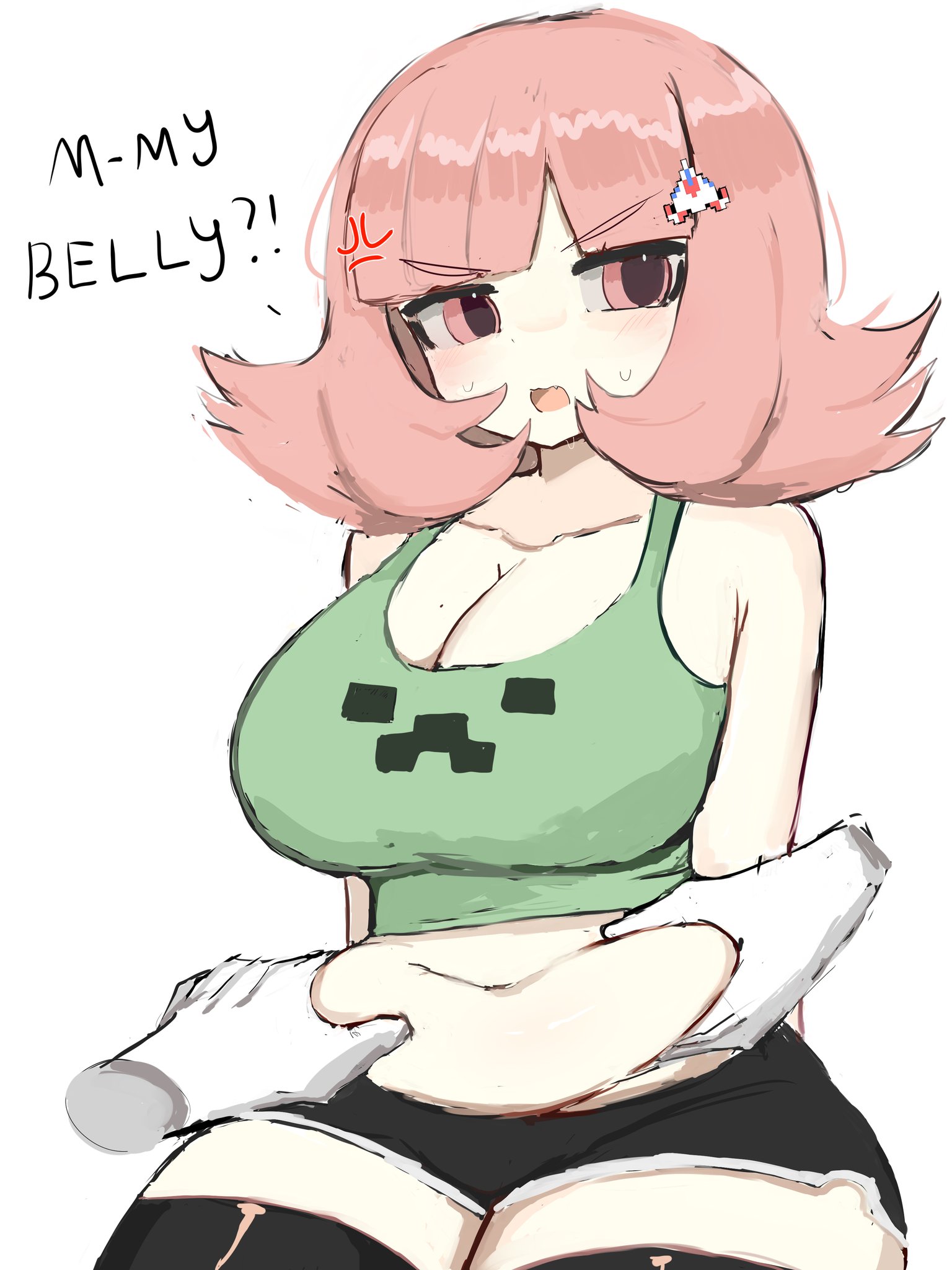 ?!!, 1girls, angry, angry expression, angry face, annoyed, annoyed expression, annoyed face, ass, belly, belly grab, big ass, big breasts, big butt, breasts, chubby, chubby female, creeper face, danganronpa, danganronpa 2: goodbye despair, female, female only, gamer girl, hair ornament, melink (artist), minecraft, nanami chiaki, pink eyes, pink hair, short hair, shorts, thick, thick hips, thick legs, thick thighs, thighhighs, thighs, touching belly, touching stomach