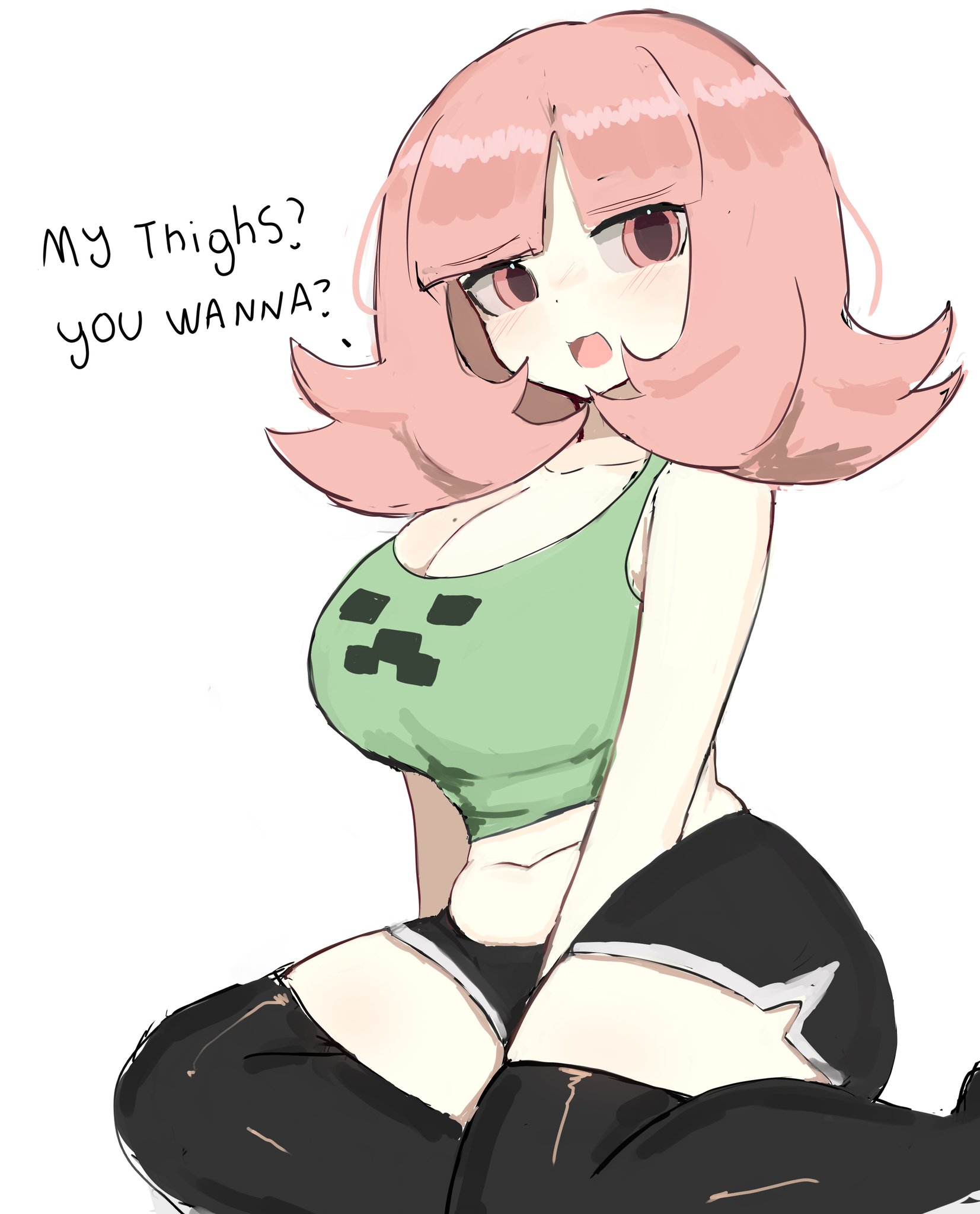 ?, 1girls, ass, big ass, big breasts, big butt, breasts, chubby, chubby female, creeper face, danganronpa, danganronpa 2: goodbye despair, female, female only, gamer girl, hair ornament, melink (artist), minecraft, nanami chiaki, pink eyes, pink hair, short hair, shorts, sitting, sitting down, sitting on floor, thick, thick hips, thick legs, thick thighs, thighhighs, thighs