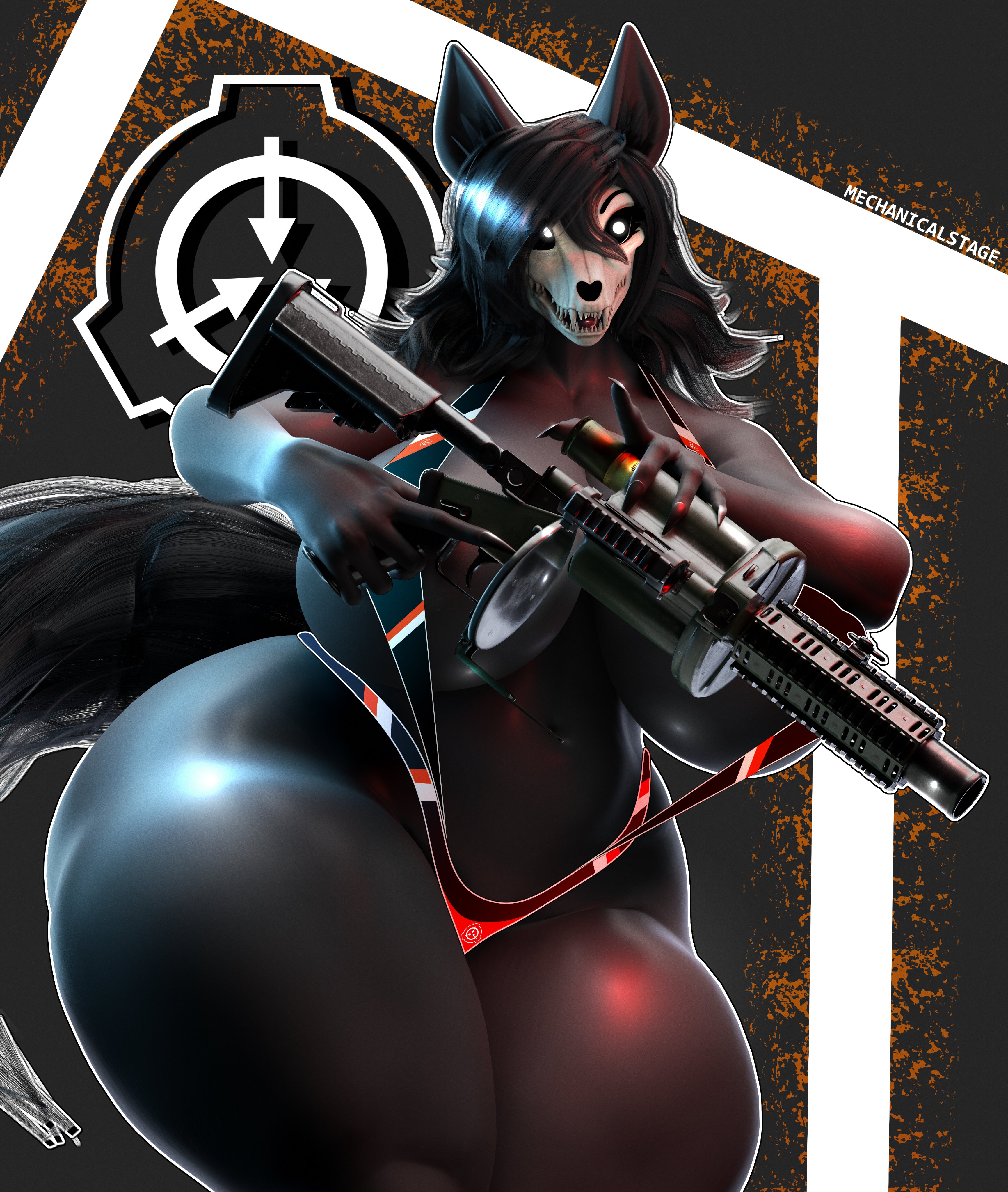 1girls, 3d, anthro, ass, big ass, big breasts, bikini, black body, black hair, breasts, curvy, curvy body, curvy female, curvy figure, female, furry, furry only, grenade launcher, gun, huge breasts, looking at viewer, mal0, malo, mechanicalstage, scp foundation, scp-1471, scp-1471-a, scp-1471-a (scrag), skull head, sling bikini, solo, thick thighs, voluptuous, voluptuous female, weapon, wolf, wolf girl