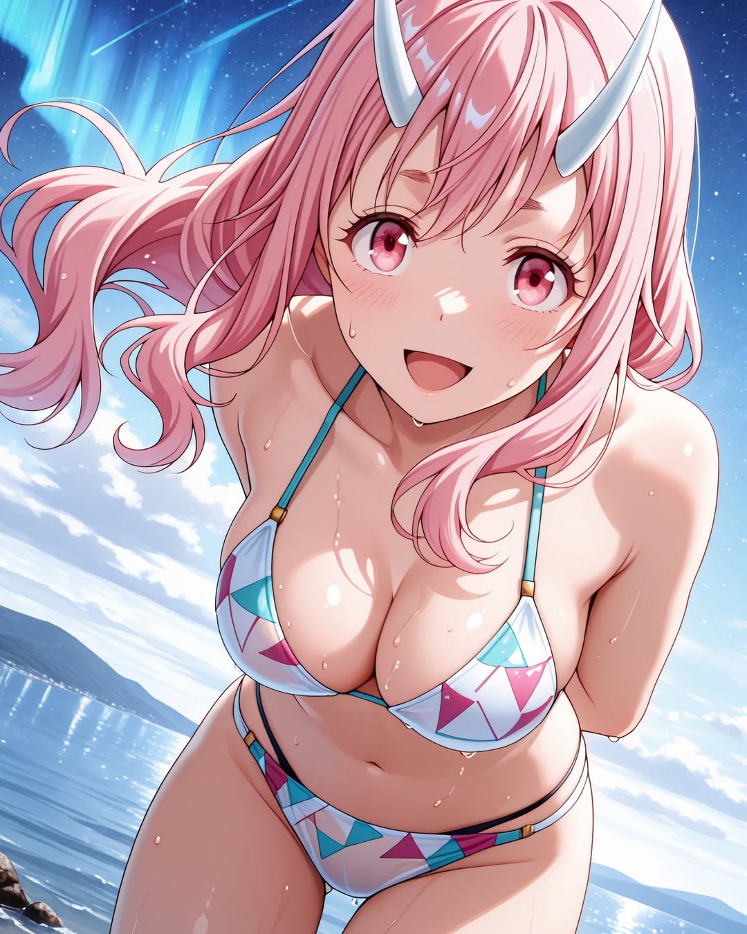 2025, ai generated, beach, belly, bikini, female, instagram, looking at viewer, meta, nose, open mouth, pekoillust, pink cheeks, pink eyebrows, pink eyes, pink hair, pink-haired female, shuna (tensei shitara slime datta ken), smile at viewer, smiling at viewer, tensei shitara slime datta ken, tummy, wet bikini, wet body, wet skin, white horns