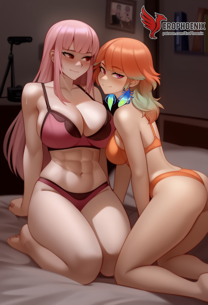 2d 2girls abs ai_generated all_fours ass barefoot big_ass big_breasts bra breasts completely erophoenix feet female female_focus hololive hololive_english hololive_myth jewelry kissing kneeling large_breasts long_hair mori_calliope multiple_girls naked nipples nude orange_hair pale_skinned_female panties patreon_username pink_eyes pink_hair pussy side_braid soles sweat sweating takanashi_kiara take_your_pick thick_thighs thighs toes underwear virtual_youtuber yuri