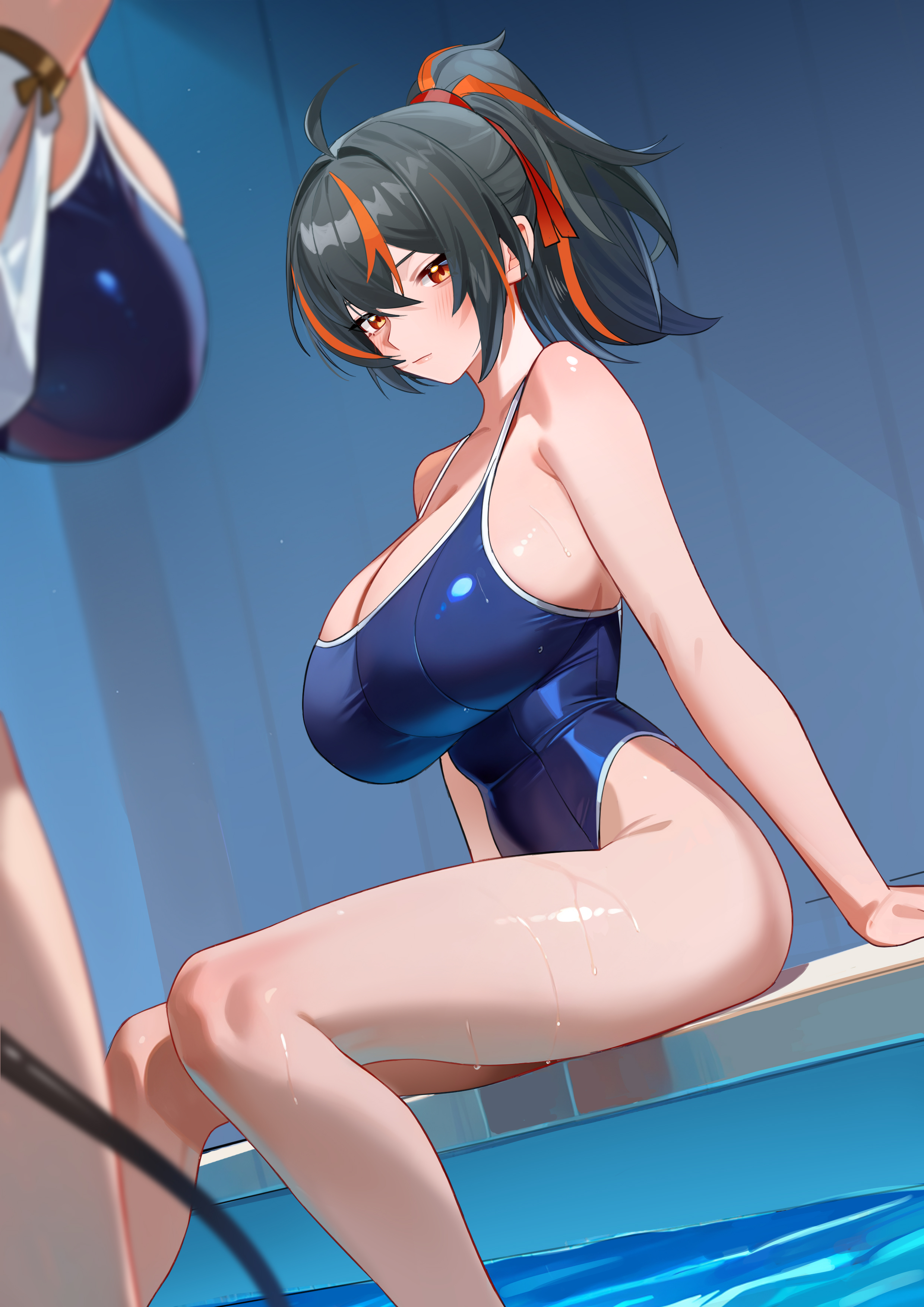 2girls, absurdres, ahoge, alternate costume, black hair, blue one-piece swimsuit, breasts, closed mouth, competition swimsuit, female, female only, hair ribbon, high ponytail, highres, jane doe (zenless zone zero), large breasts, looking at viewer, mouse tail, multicolored hair, multiple females, multiple girls, one-piece swimsuit, ponytail, pool, red eyes, red hair, ribbon, sideboob, sitting, soaking feet, streaked hair, swimsuit, tail, thighs, water, wet, yueyueyue yao, zenless zone zero, zhu yuan