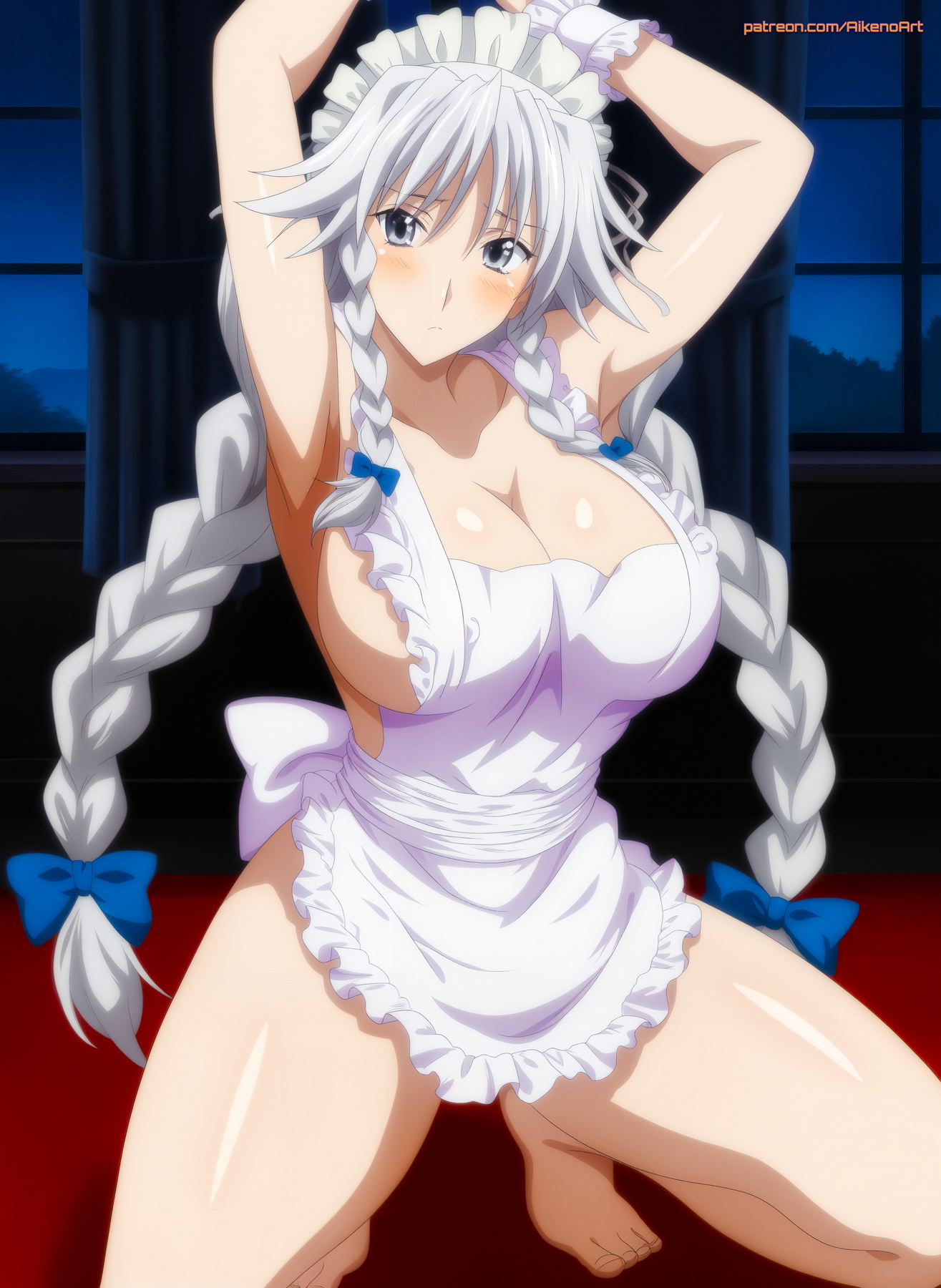 2025, ai generated, aikenoart, ashamed, awkward smile, blue eyes, breast out, breasts, choker, cleavage, corset, crying, crying with eyes open, female, grayfia lucifuge, high school dxd, highres, indoors, large breasts, legs apart, looking at viewer, lying on back, maid, maid outfit, nipple slip, nipples, no panties, on back, on bed, pussy, red lips, red lipstick, shiny skin, shy, solo, spread legs, stockings, straps, tagme, tears, thighhighs, white hair, white thighhighs, wide hips